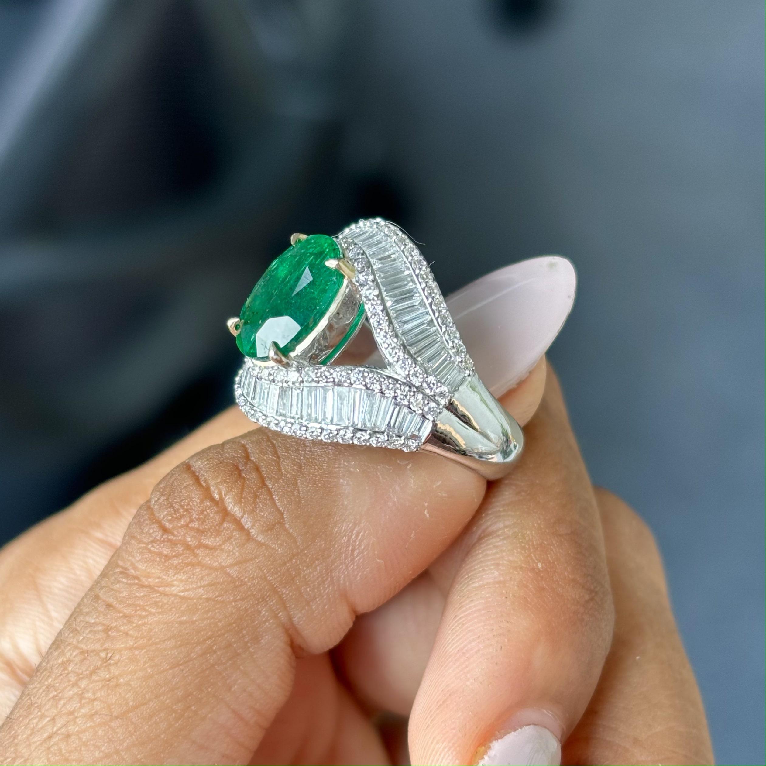 2.56 Carat Zambian Emerald & Baguette Diamonds studded 18K White Gold Ring For Sale 2