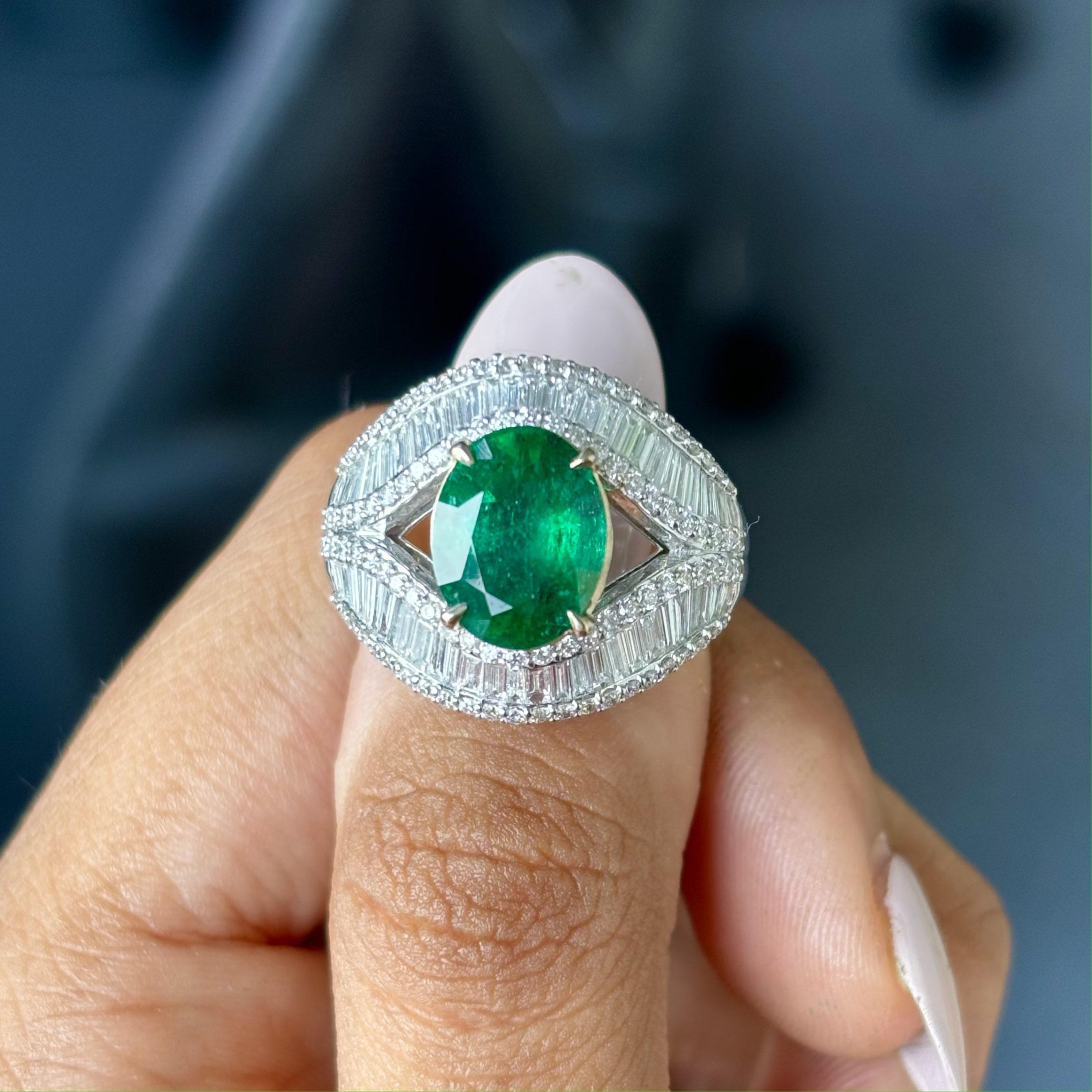 2.56 Carat Zambian Emerald & Baguette Diamonds studded 18K White Gold Ring For Sale 3
