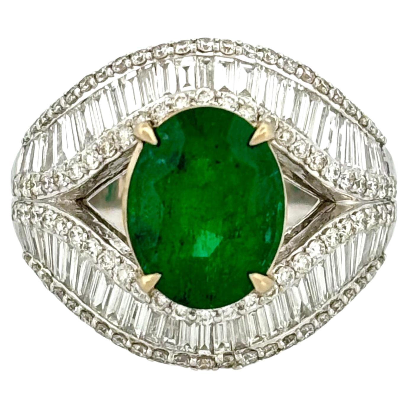 2.56 Carat Zambian Emerald & Baguette Diamonds studded 18K White Gold Ring For Sale