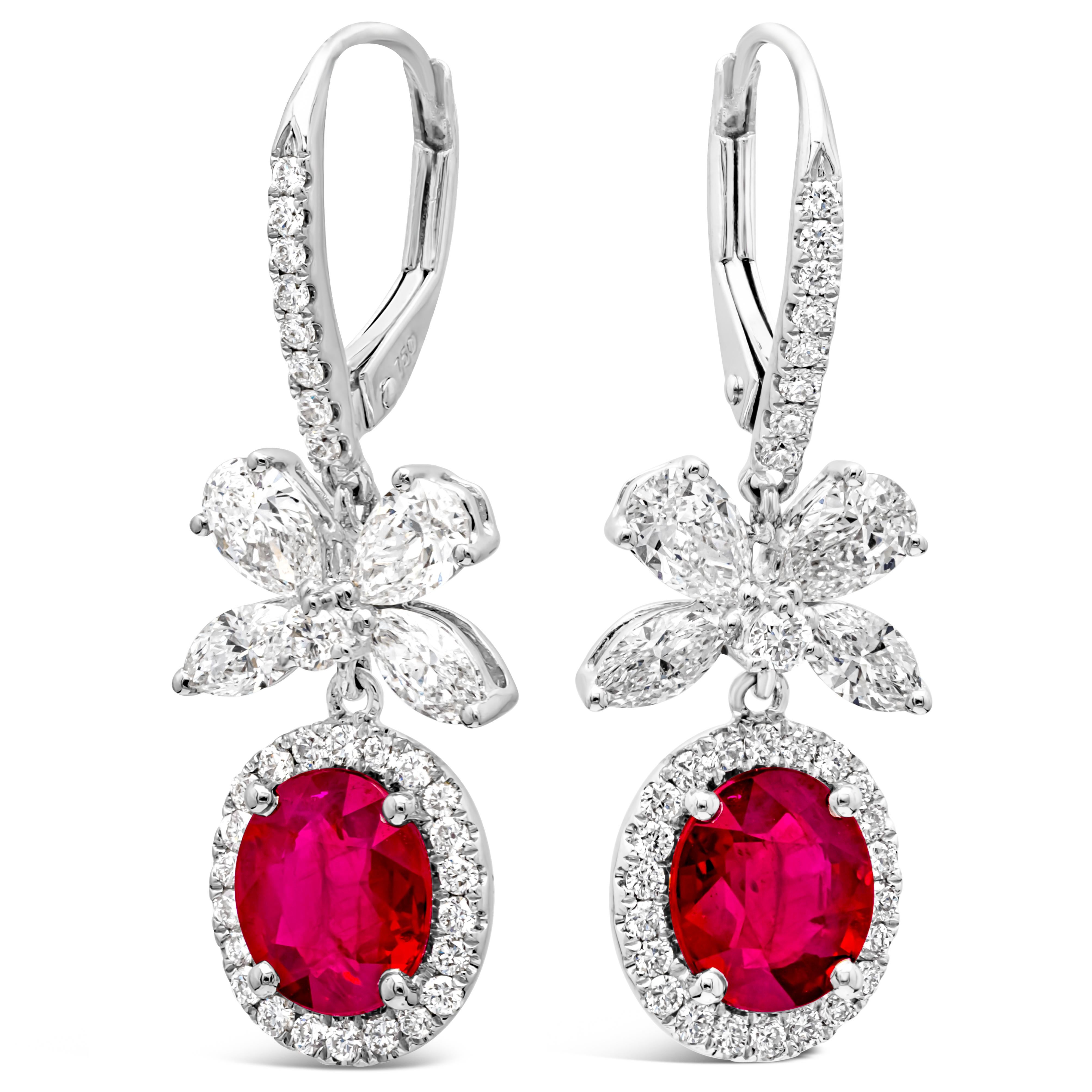 Contemporary 2.56 Carats Total Oval Cut Ruby and Mixed Cut Diamond Dangle Earrings For Sale