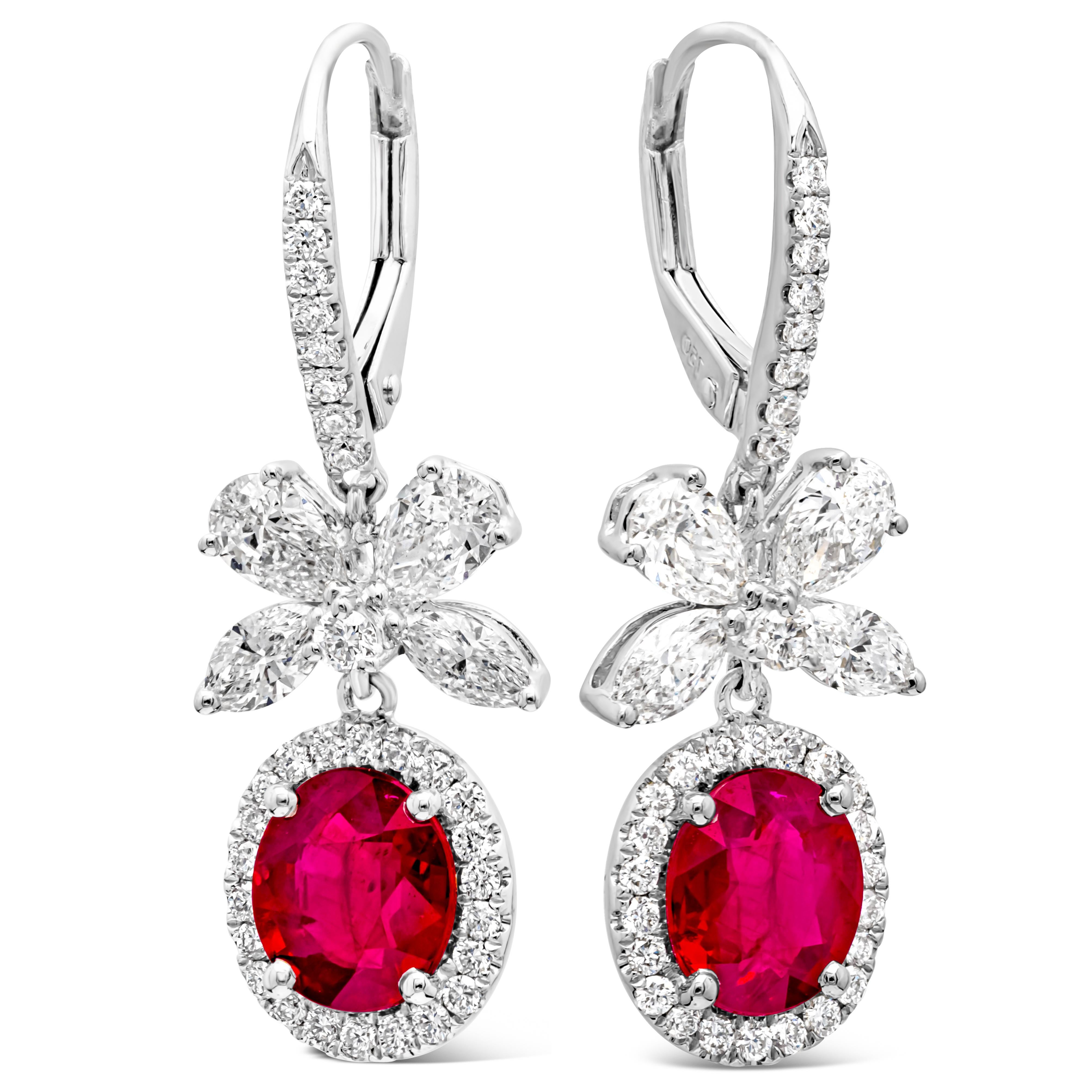 2.56 Carats Total Oval Cut Ruby and Mixed Cut Diamond Dangle Earrings In New Condition For Sale In New York, NY