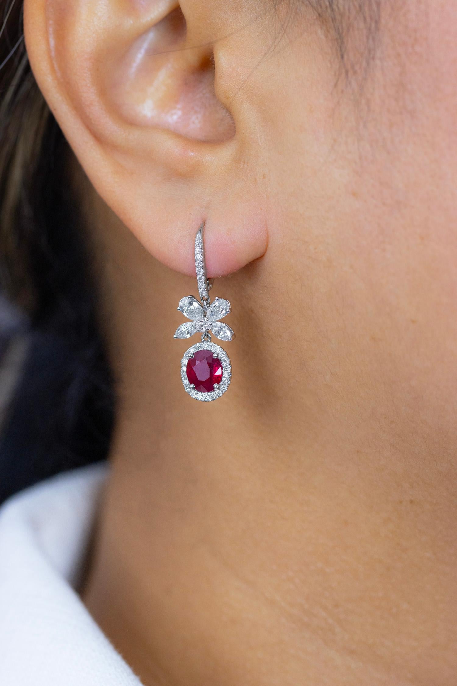 2.56 Carats Total Oval Cut Ruby and Mixed Cut Diamond Dangle Earrings For Sale 2