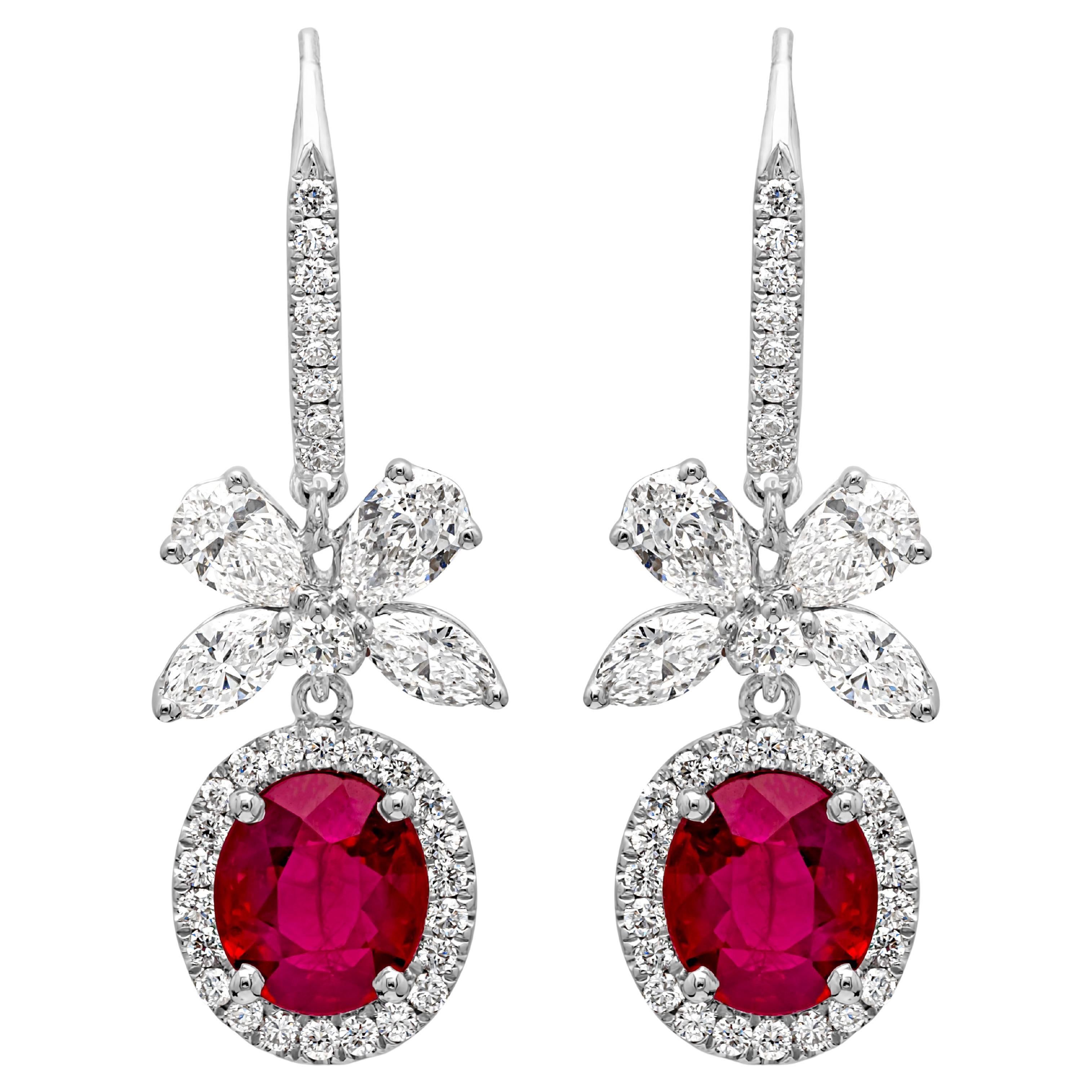 2.56 Carats Total Oval Cut Ruby and Mixed Cut Diamond Dangle Earrings For Sale