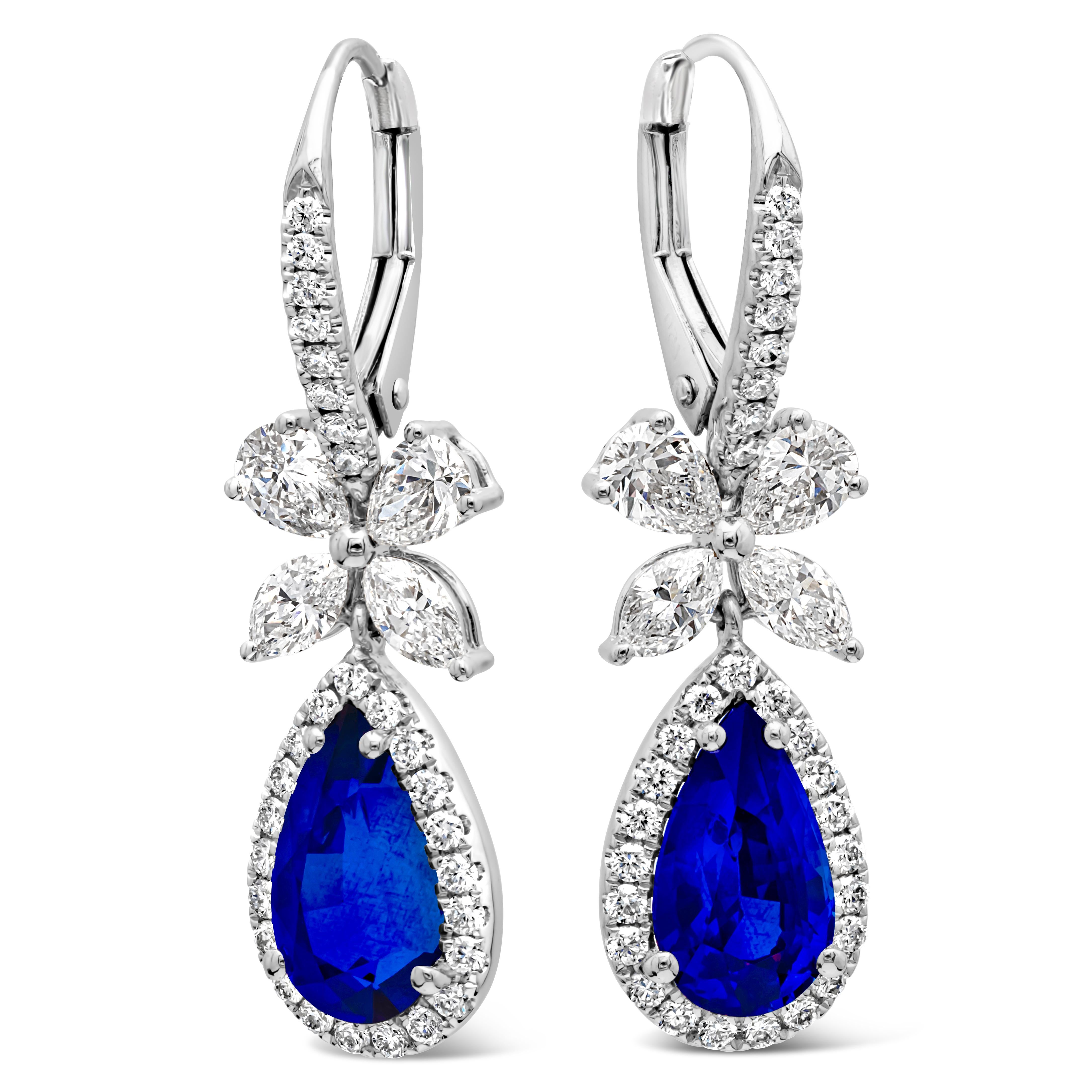 Contemporary 2.56 Carats Total Pear Shape Blue Sapphire and Mixed Cut Diamond Dangle Earrings For Sale