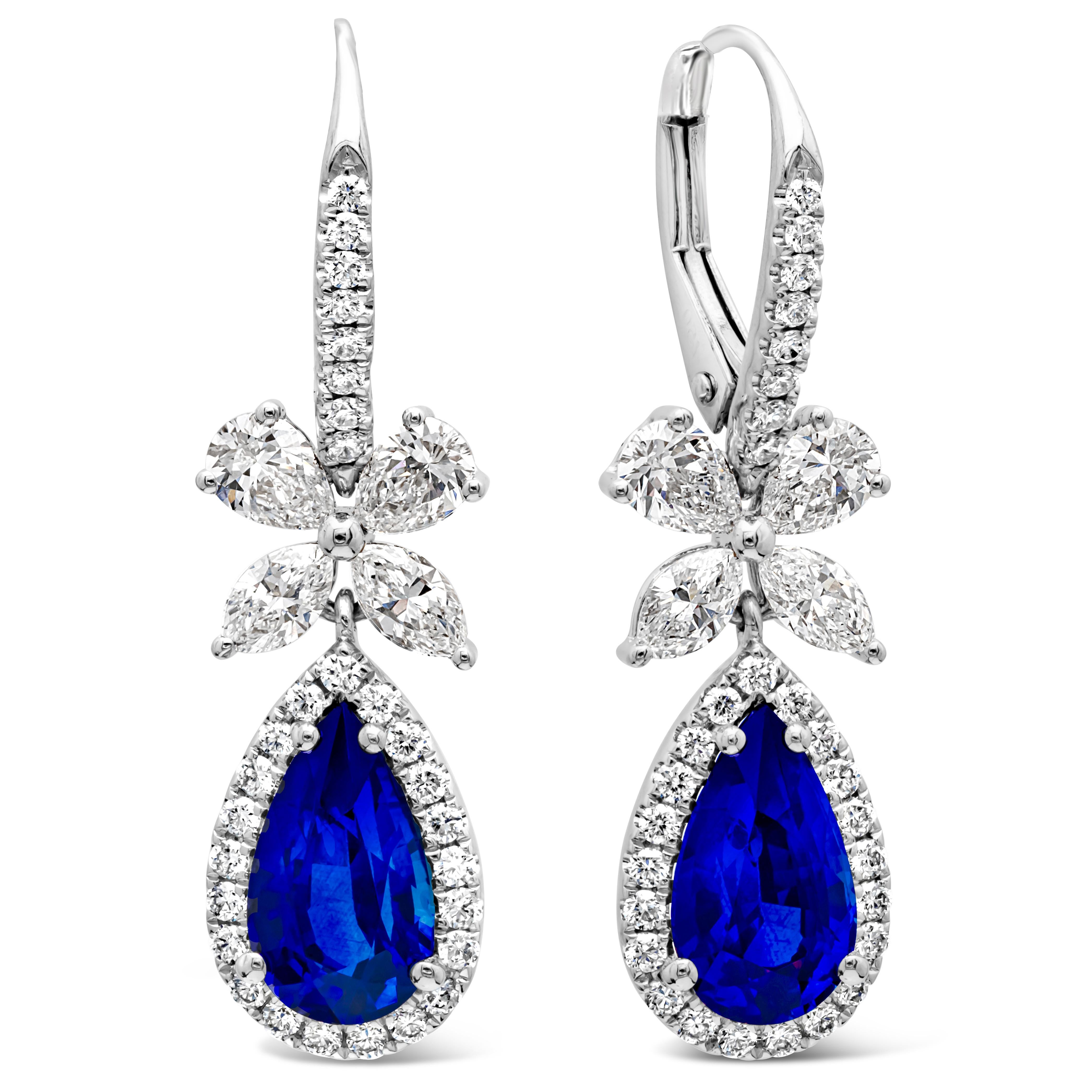 Pear Cut 2.56 Carats Total Pear Shape Blue Sapphire and Mixed Cut Diamond Dangle Earrings For Sale