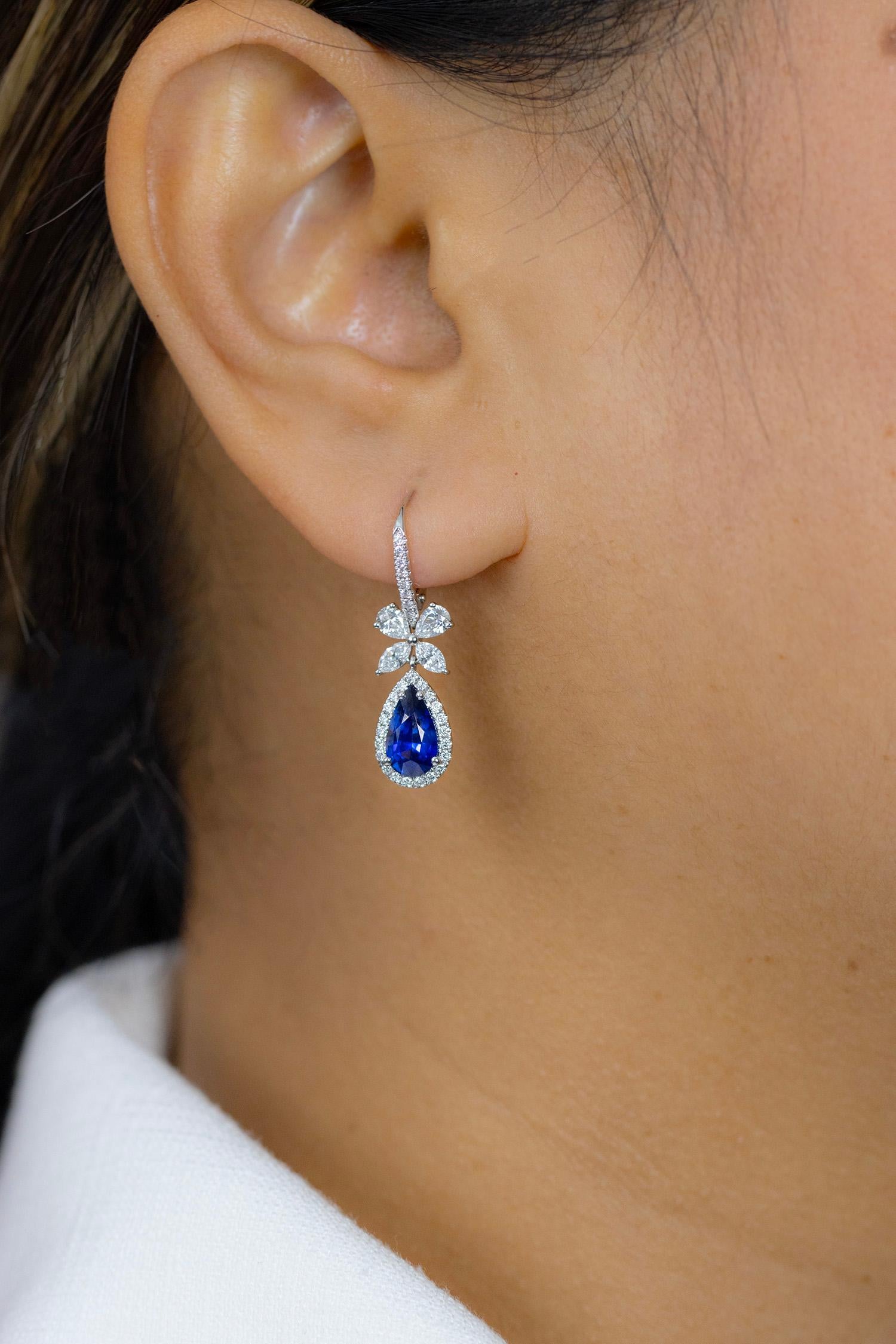 2.56 Carats Total Pear Shape Blue Sapphire and Mixed Cut Diamond Dangle Earrings For Sale 1