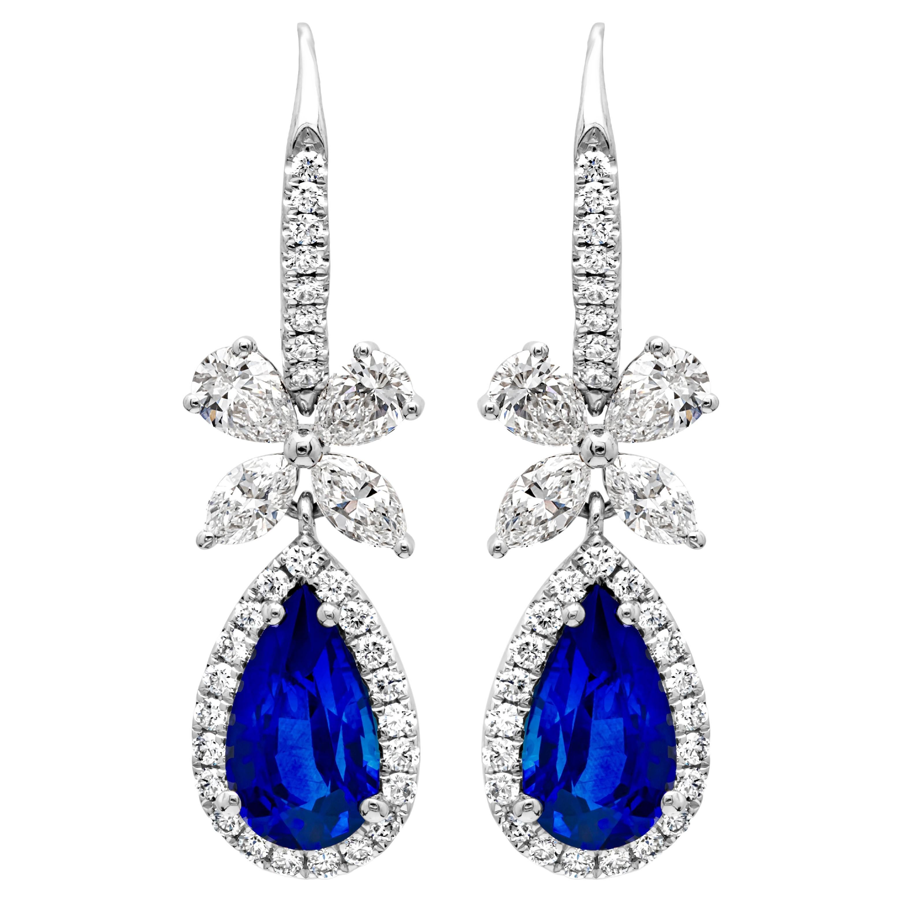 2.56 Carats Total Pear Shape Blue Sapphire and Mixed Cut Diamond Dangle Earrings
