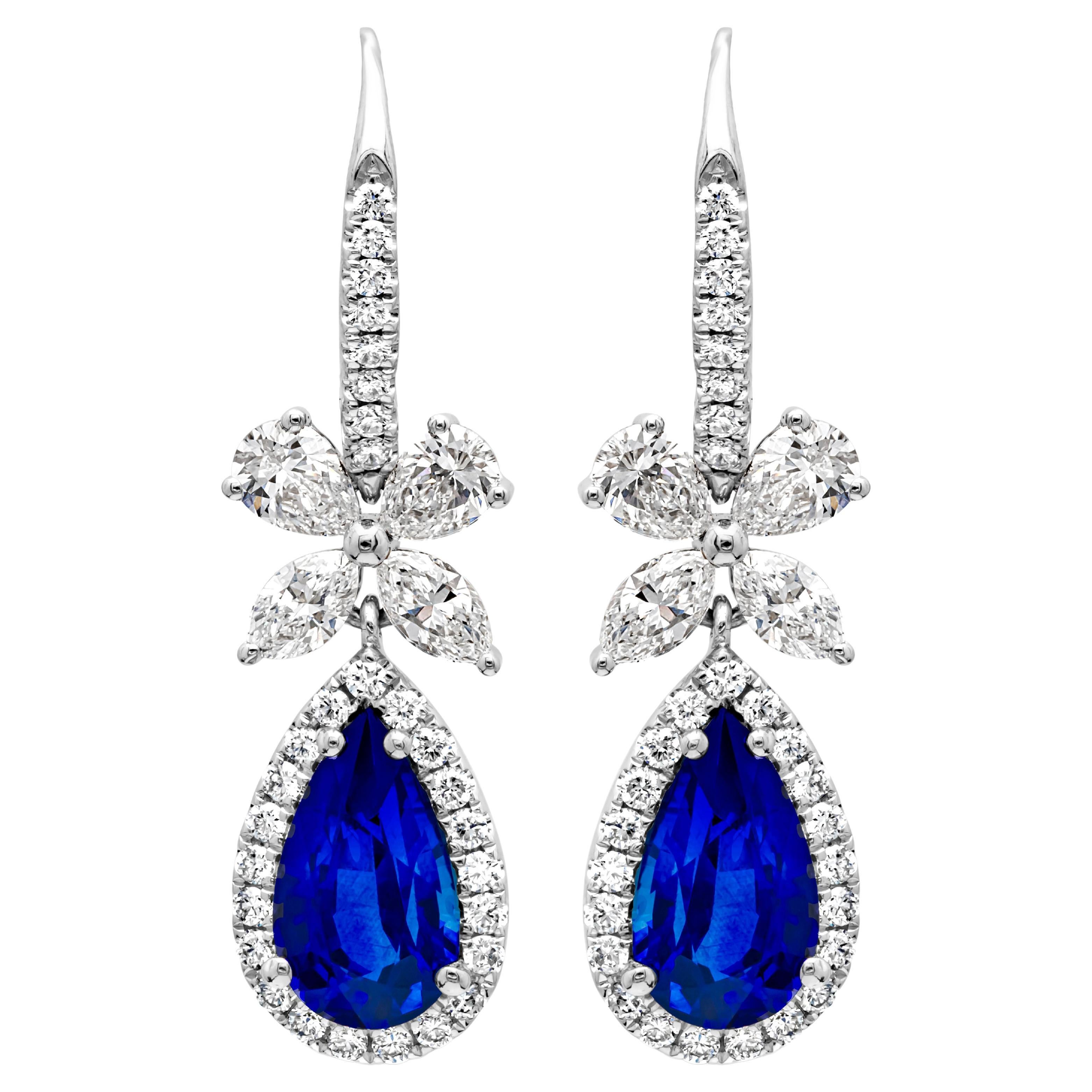 2.56 Carats Total Pear Shape Blue Sapphire and Mixed Cut Diamond Dangle Earrings