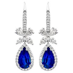 2.56 Carats Total Pear Shape Blue Sapphire and Mixed Cut Diamond Dangle Earrings