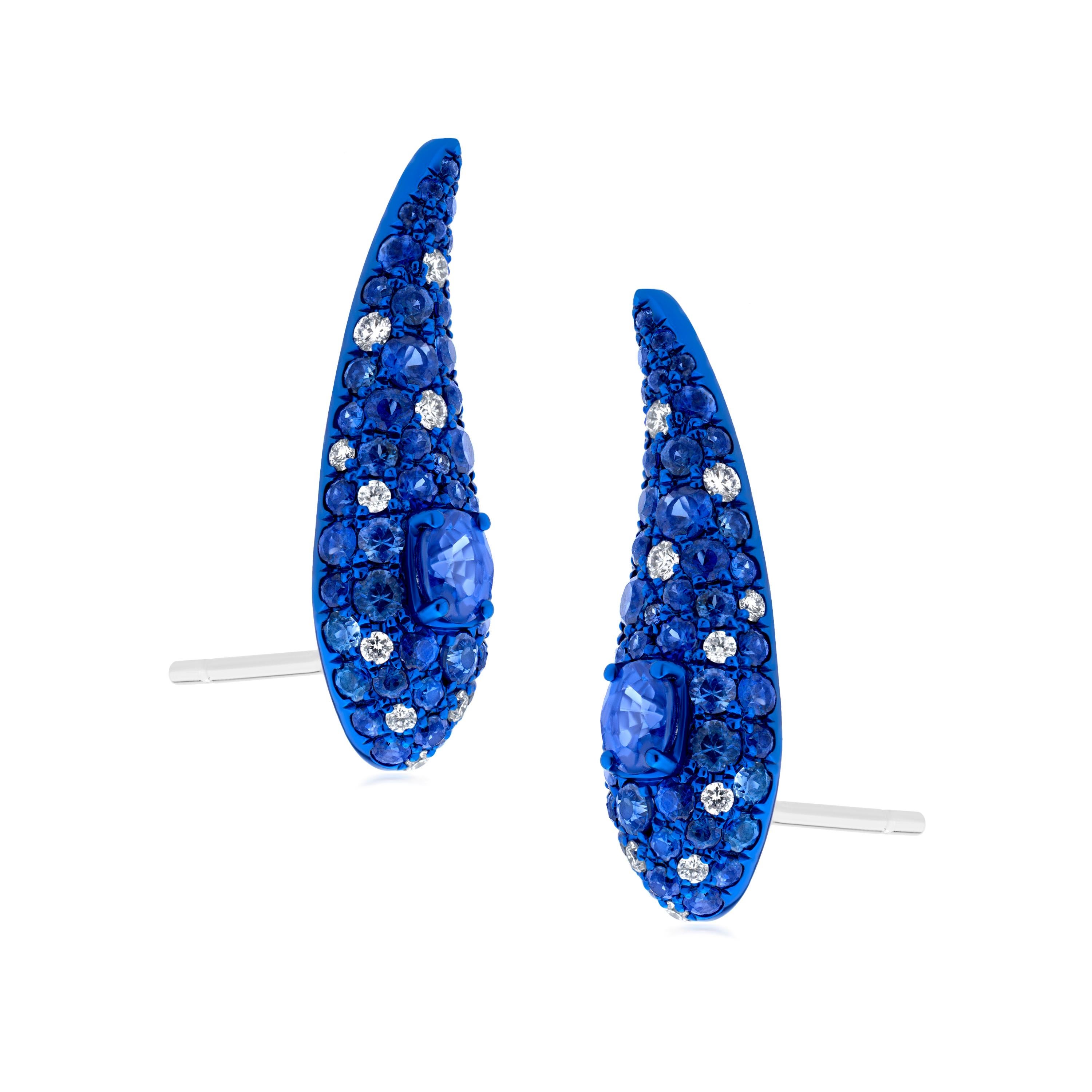 Contemporary 2.56 Ct Sapphire & Diamond Crawler Earrings with Blue Rhodium 18K White Gold For Sale
