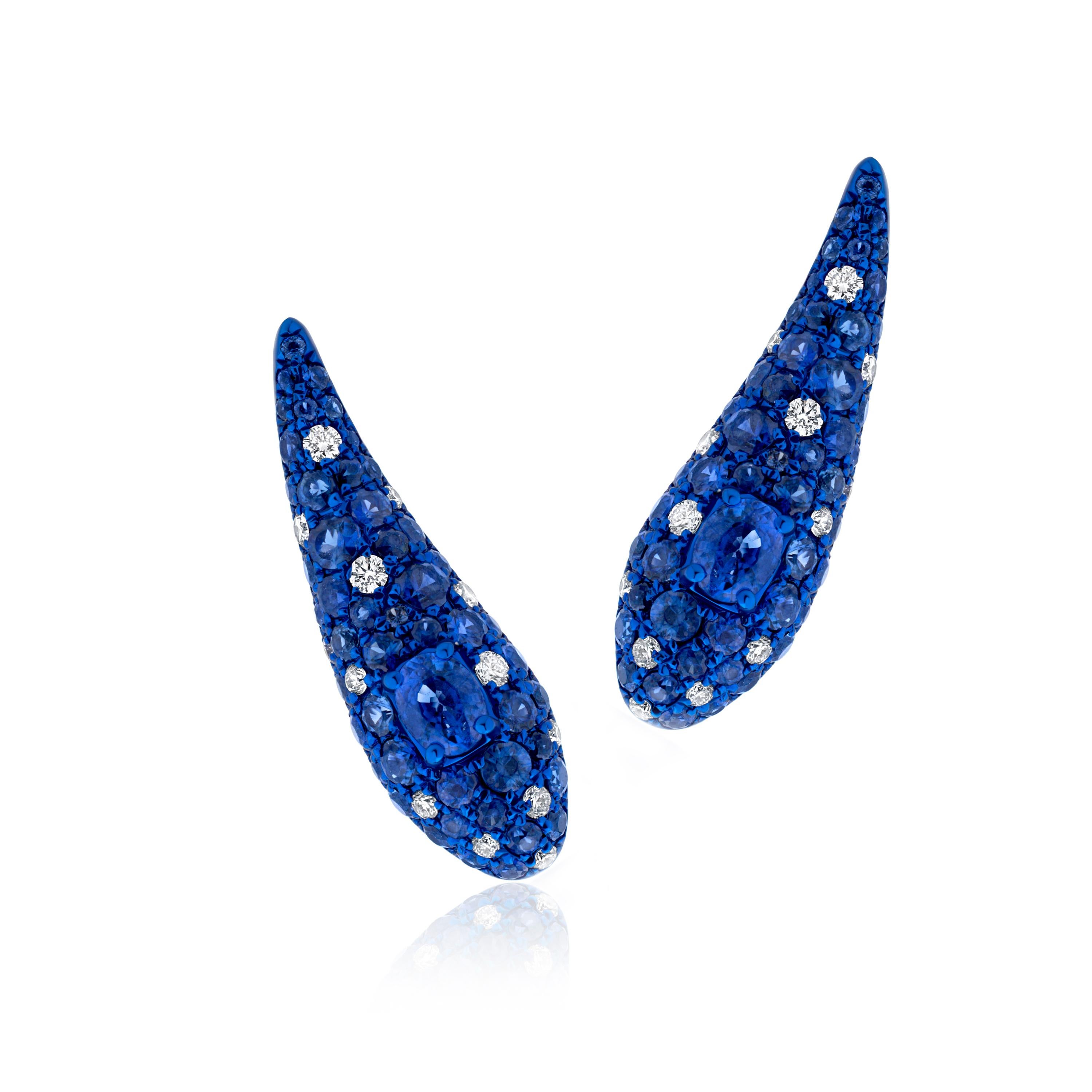 Round Cut 2.56 Ct Sapphire & Diamond Crawler Earrings with Blue Rhodium 18K White Gold For Sale