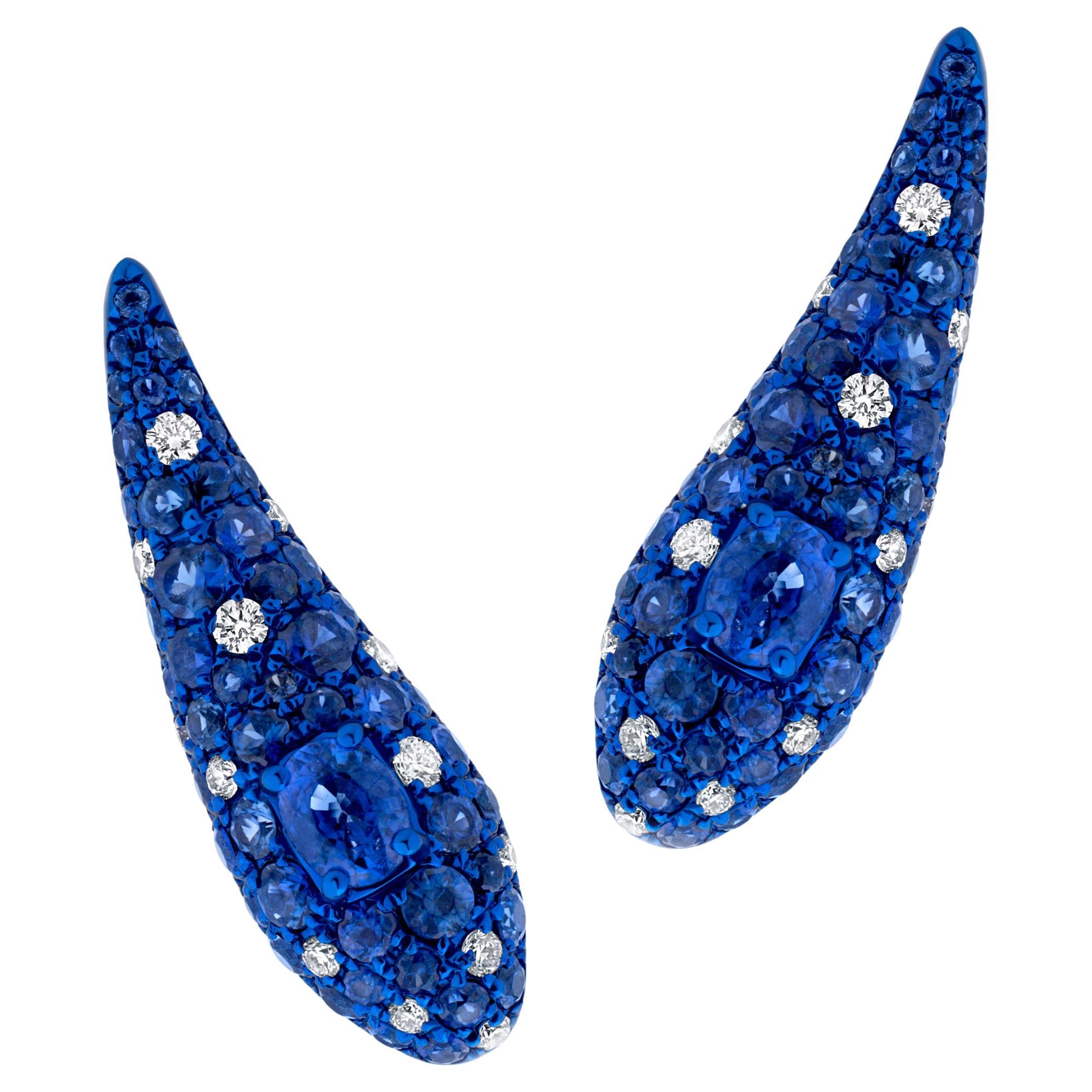 2.56 Ct Sapphire & Diamond Crawler Earrings with Blue Rhodium 18K White Gold For Sale