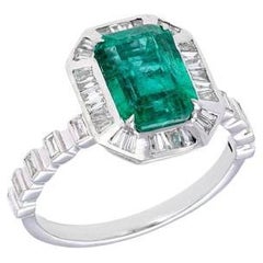 2.56 Cts Octagon Cut Natural Emerald Diamond Ring / 18k Solid White Gold Ring