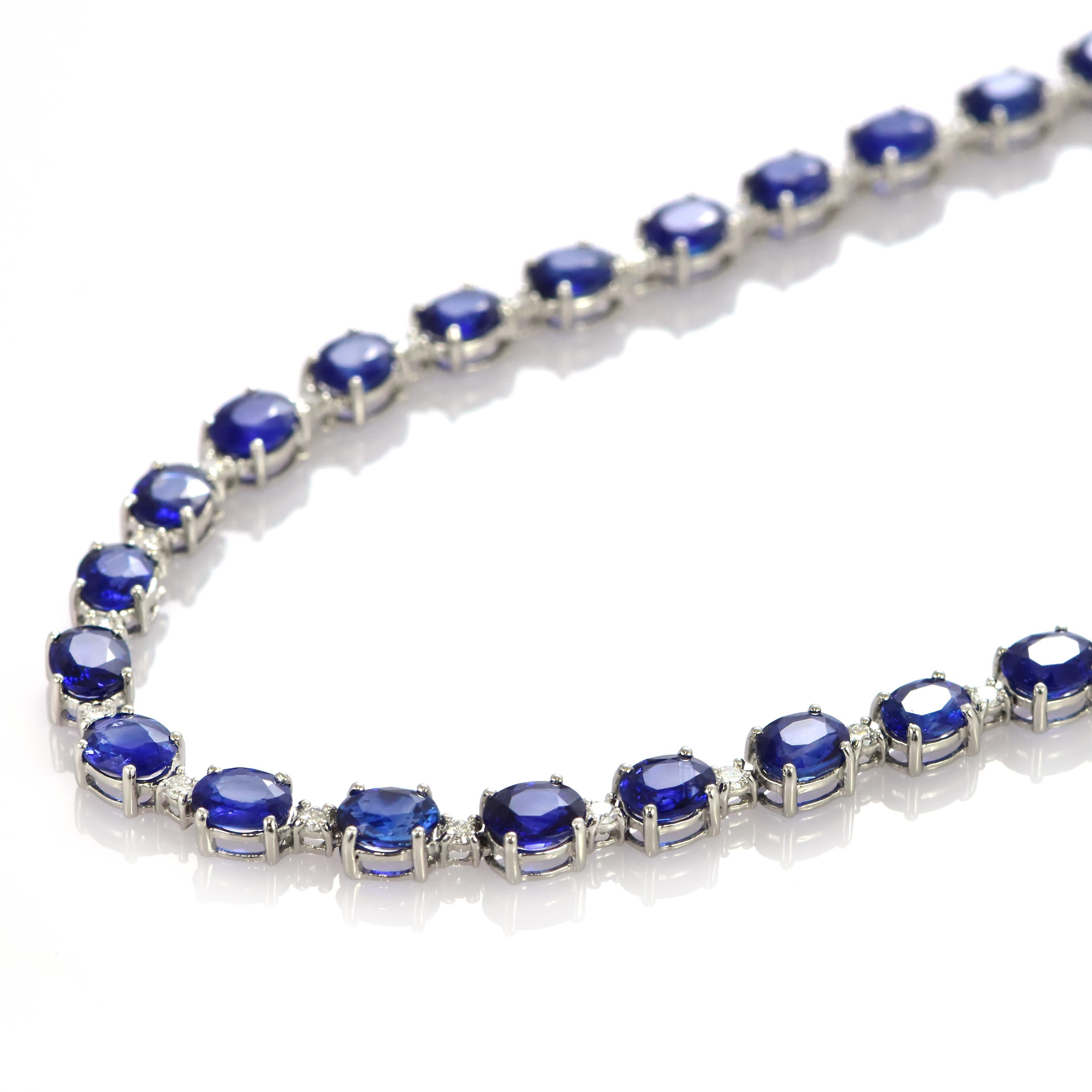 A beautiful necklace featuring a 25.62 Carats of Natural Sapphires and 0.95 Carats Diamond Accents made in Platinum. Sapphires have extraordinary durability - they excel in hardness as well as toughness and durability making them very popular in