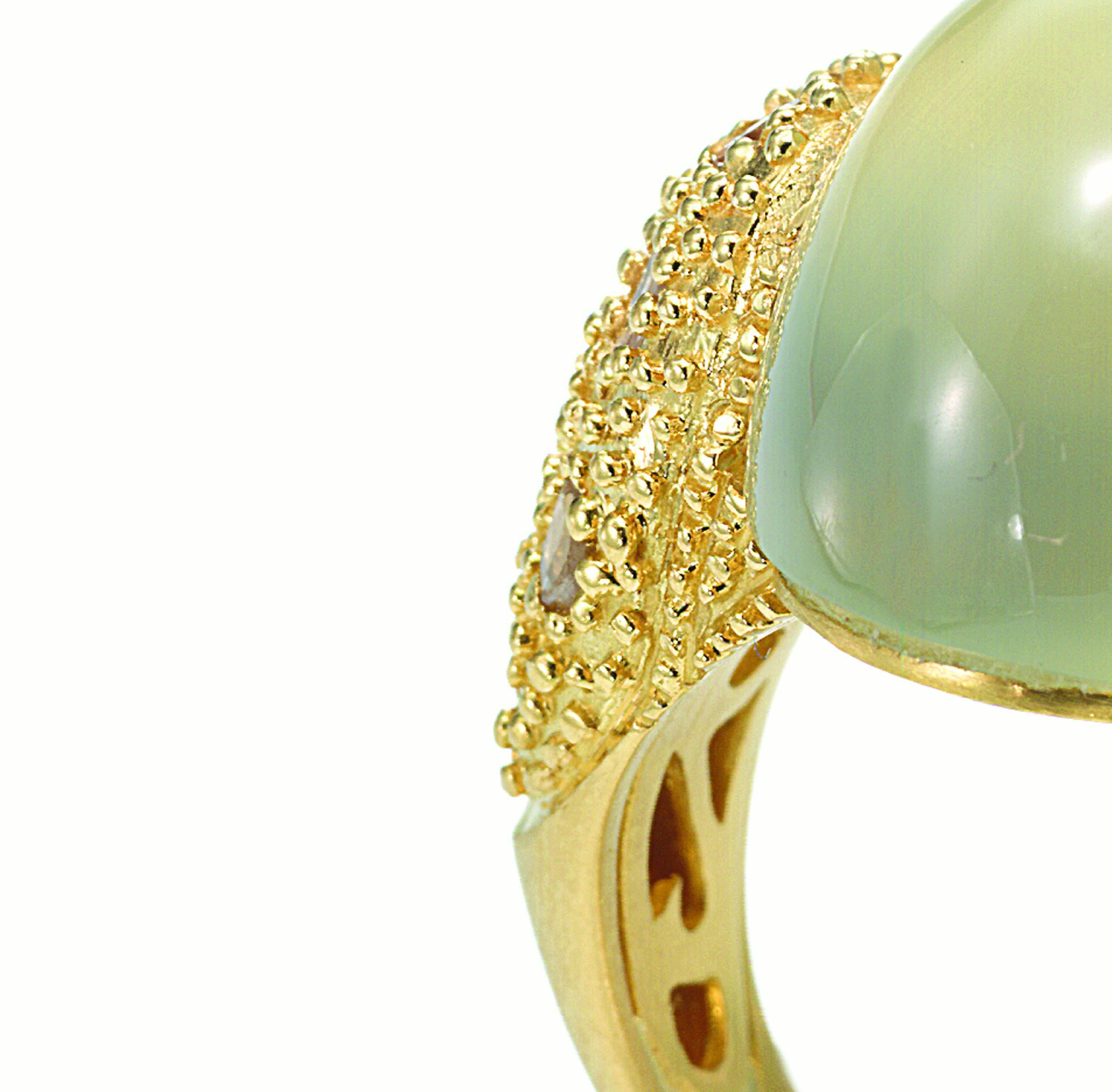 Eternity Cocktail Ring Set in 20 Karat Yellow Gold with 25.62 Carat Prehnite Centerstone and 0.84 Carat Rose-Cut Diamond Accents.

Custom Ring Size Available Upon Request*