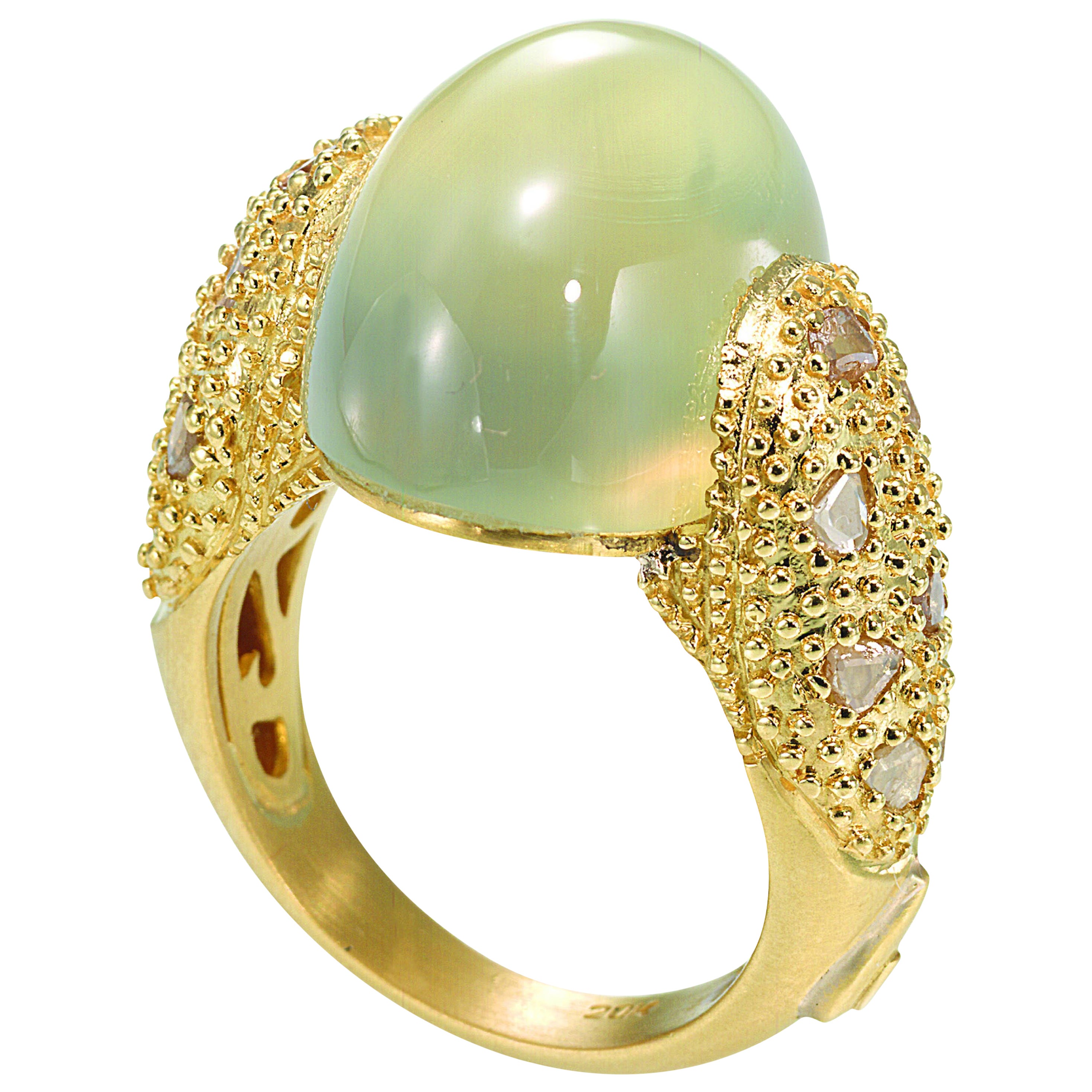 Anello cocktail con prehnite da 25,62 carati in oro giallo 20 carati e diamanti taglio rosa