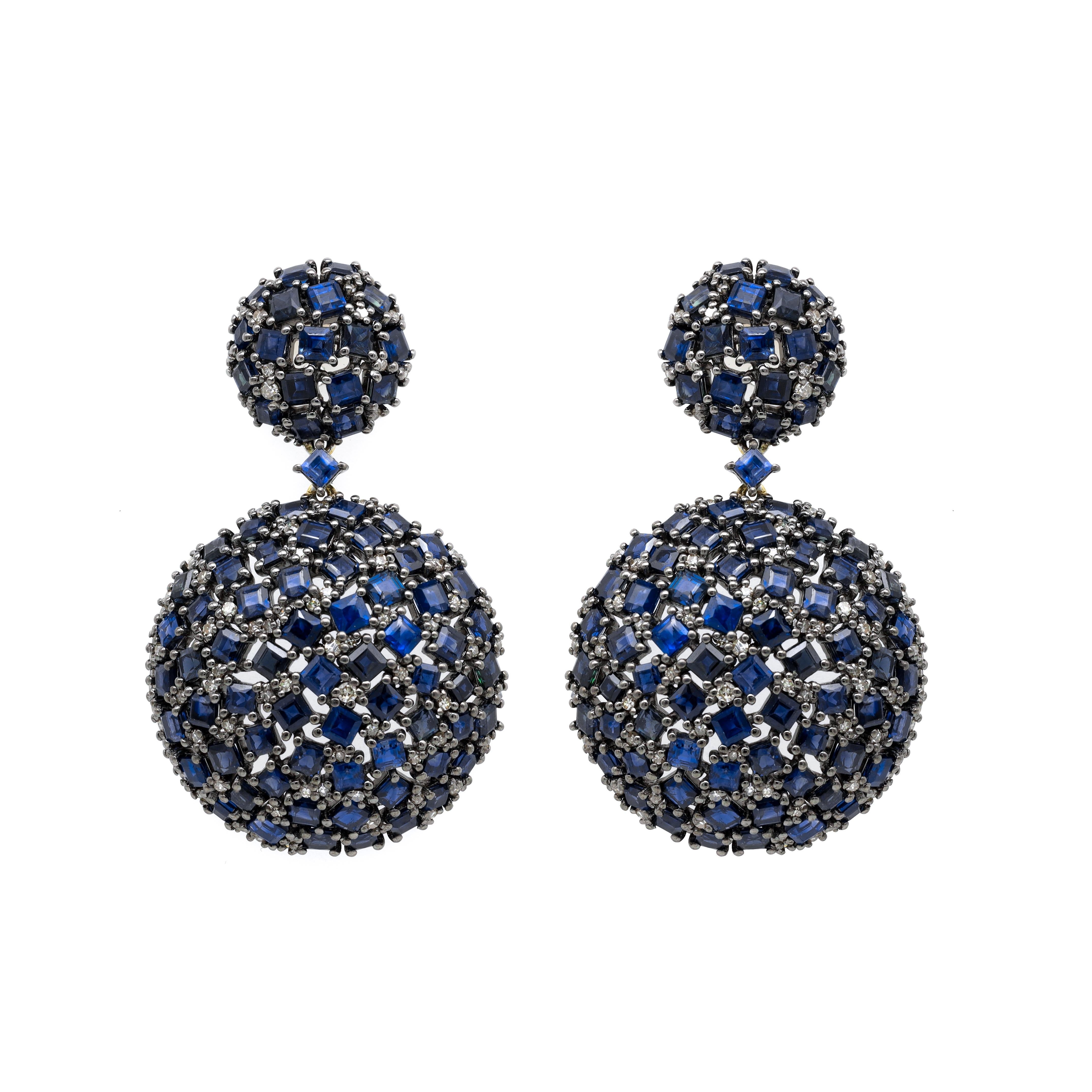 25.63 Carat Sapphire and Diamond Cocktail Drop Earrings in Art-Deco Style In New Condition For Sale In Jaipur, IN