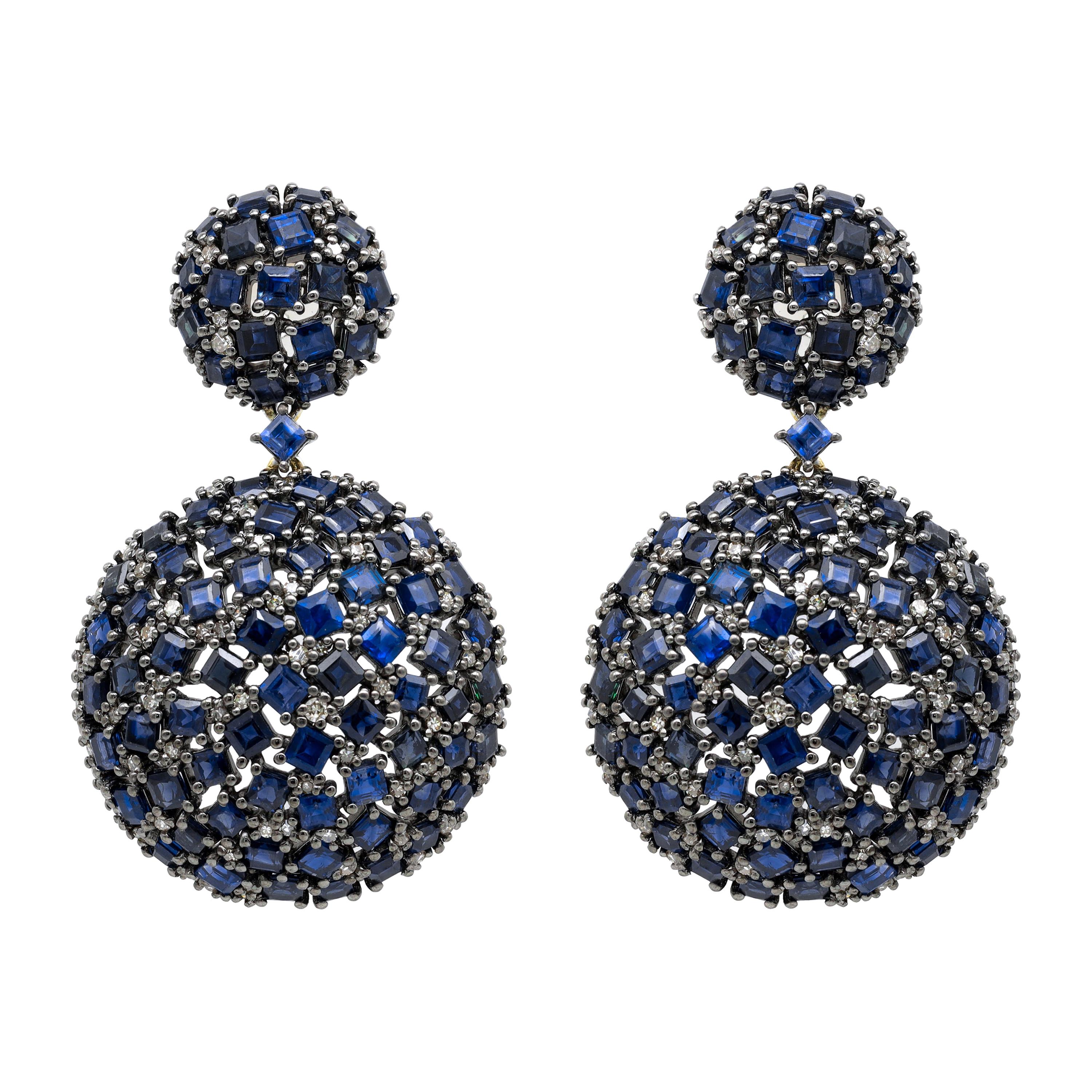 25.63 Carat Sapphire and Diamond Cocktail Drop Earrings in Art-Deco Style