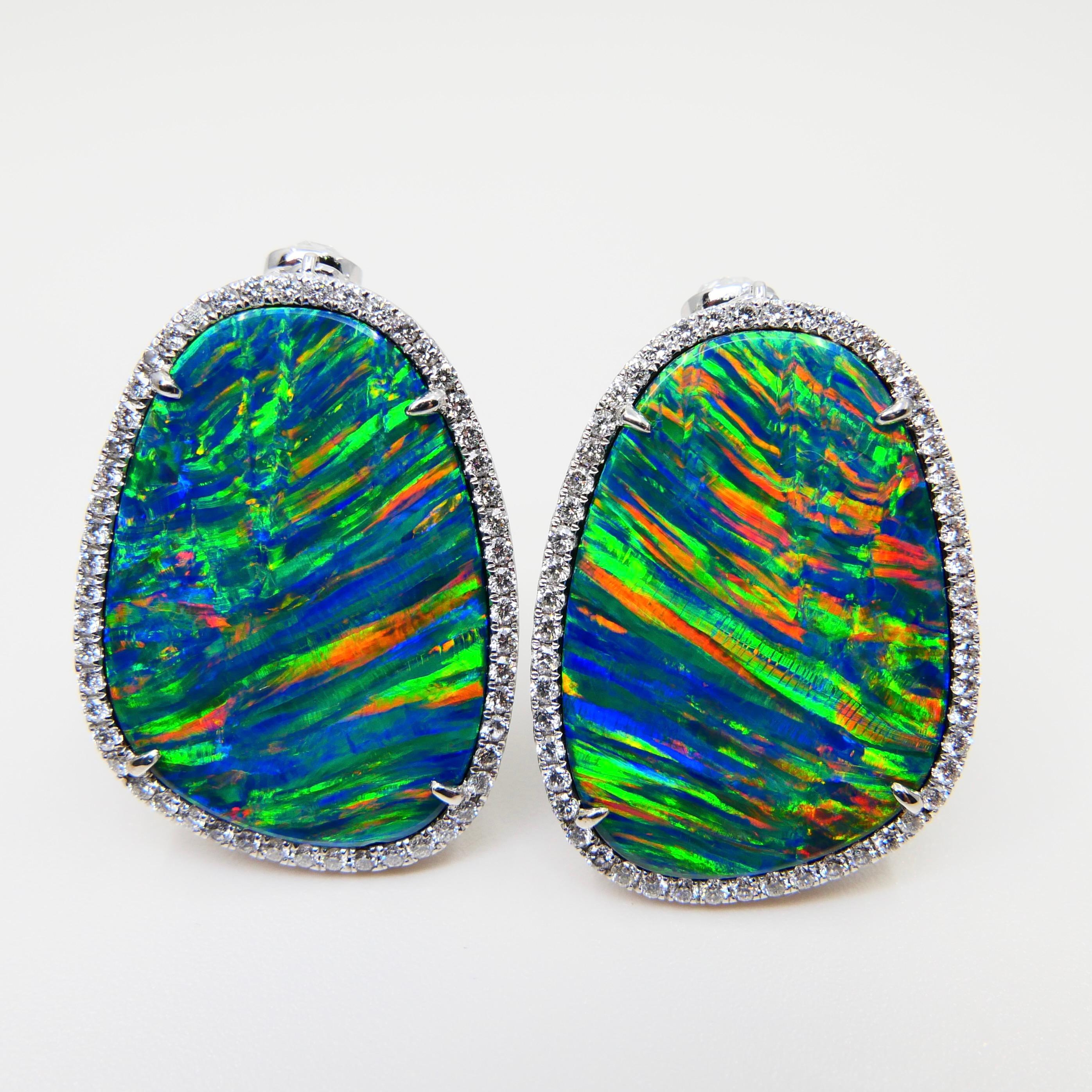 25.64CTW Au Opal & Rose Cut Diamond Earrings, Impressive Play of Colors For Sale 4