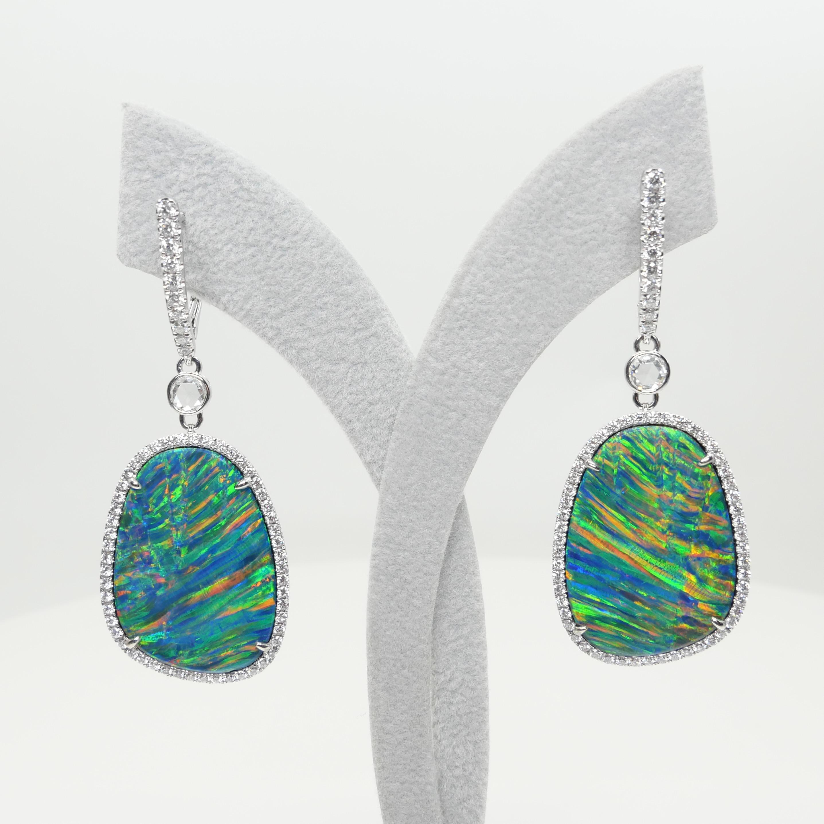 25.64CTW Au Opal & Rose Cut Diamond Earrings, Impressive Play of Colors For Sale 5