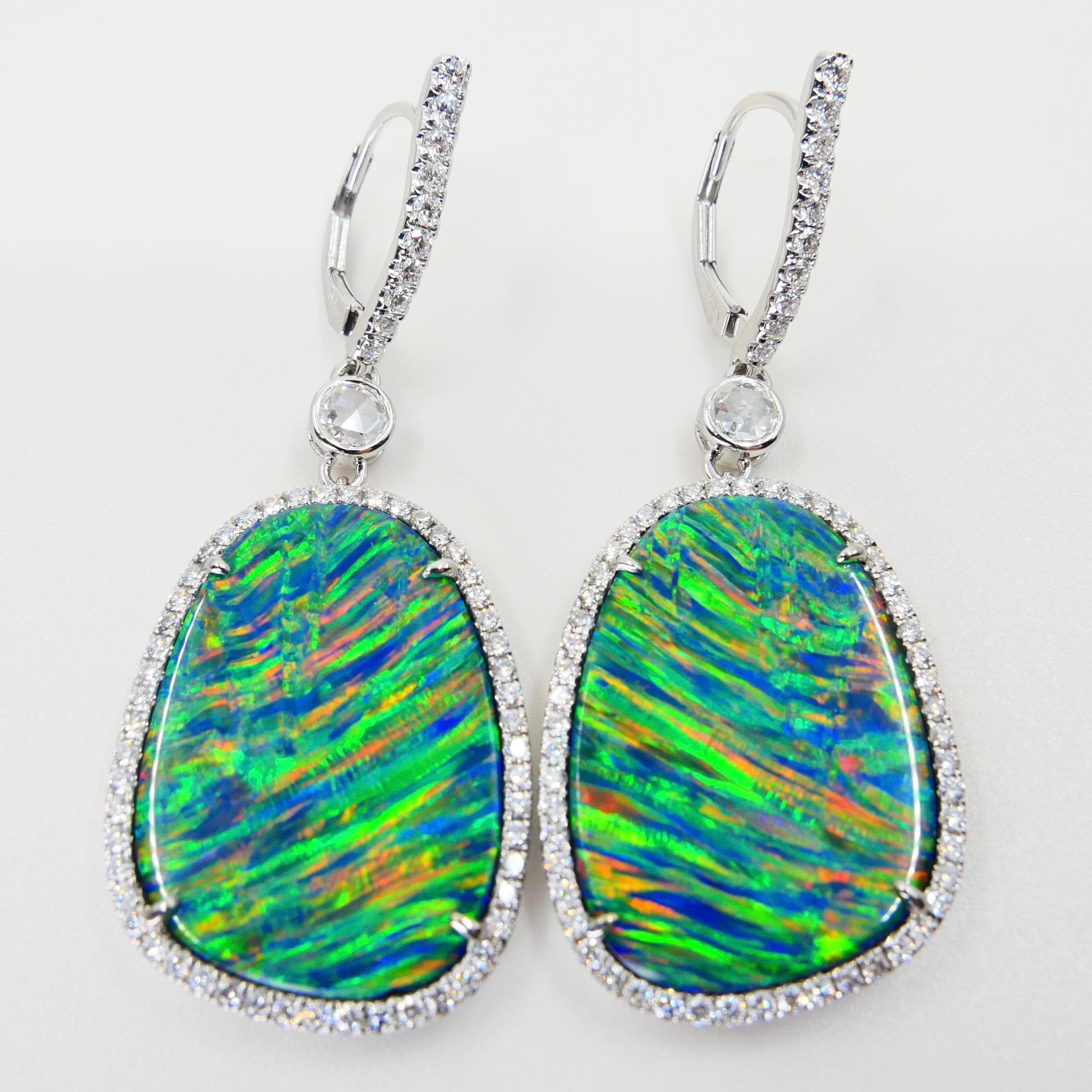 Rough Cut 25.64CTW Au Opal & Rose Cut Diamond Earrings, Impressive Play of Colors For Sale