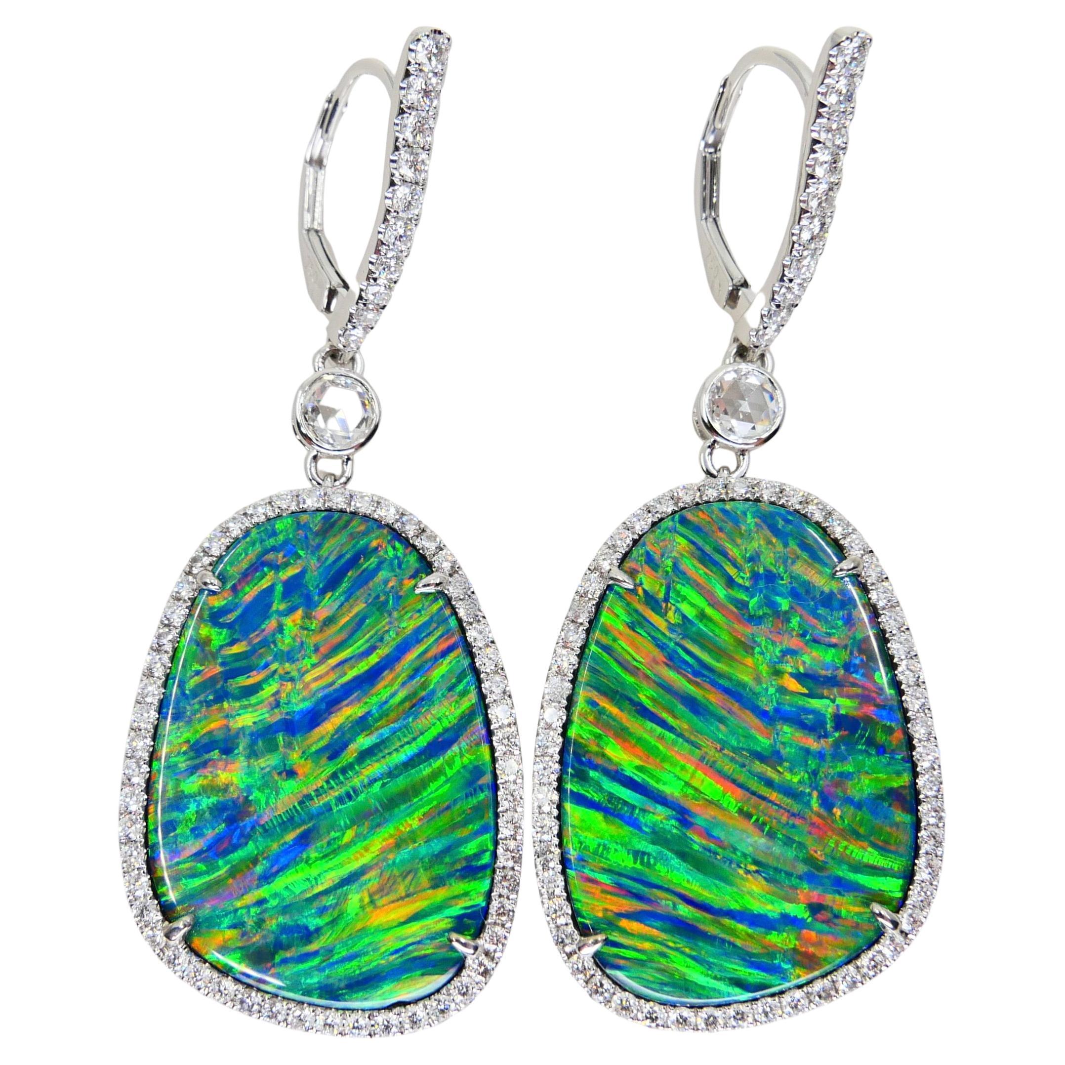 25.64CTW Au Opal & Rose Cut Diamond Earrings, Impressive Play of Colors For Sale