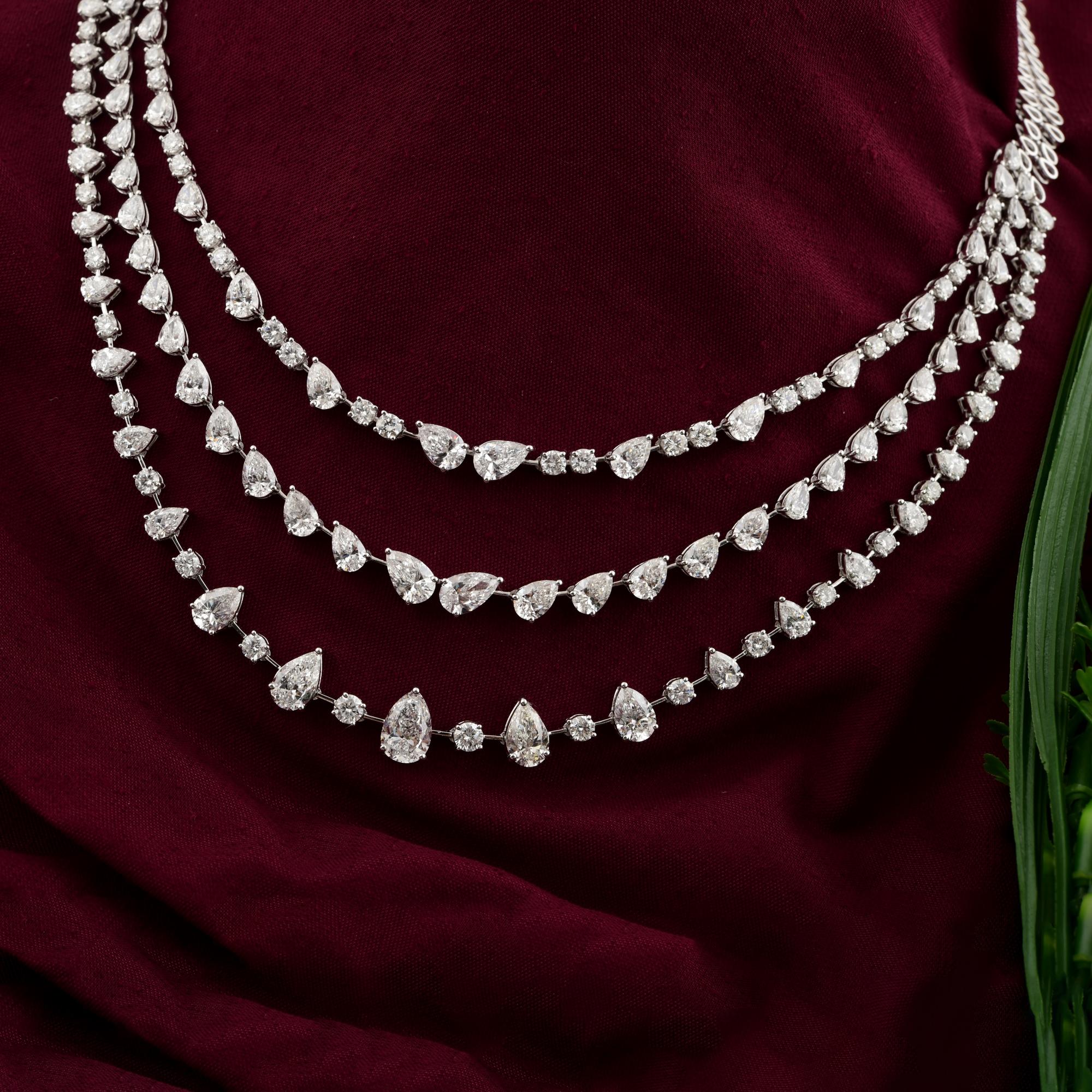 25,67 Karat Dreireihige Diamant-Halskette mit Birne und rundem Brillantschliff 14K Weißgold (Moderne) im Angebot