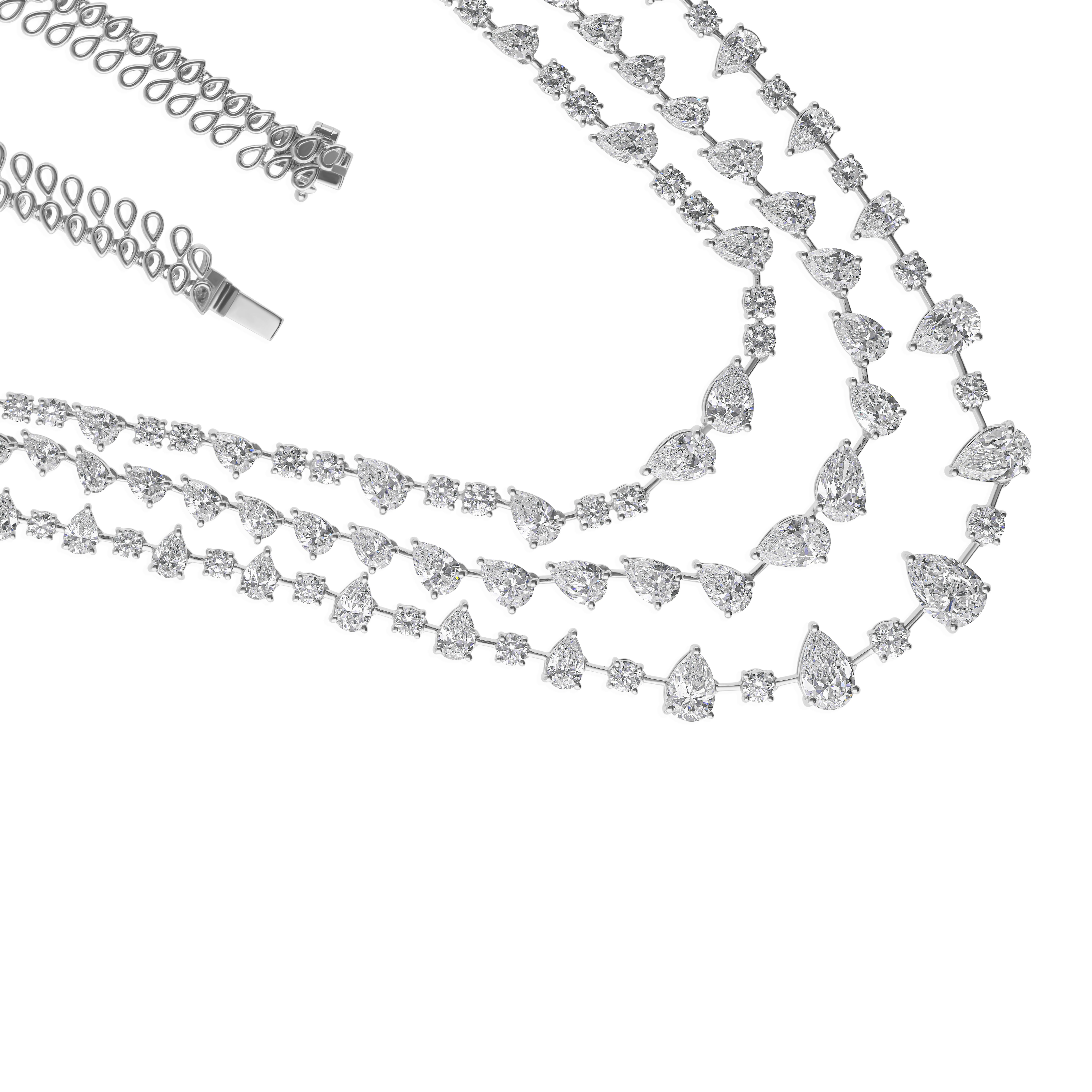 25,67 Karat Dreireihige Diamant-Halskette mit Birne und rundem Brillantschliff 14K Weißgold im Angebot 1