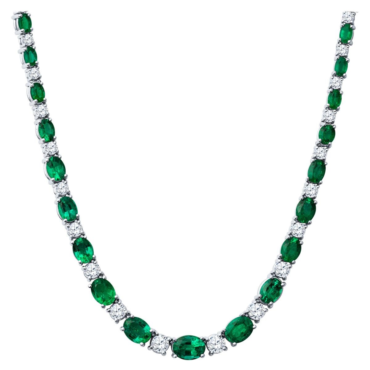 25.68 Carat Oval Cut Emerald and 8.66 Carat Round Diamond Necklace