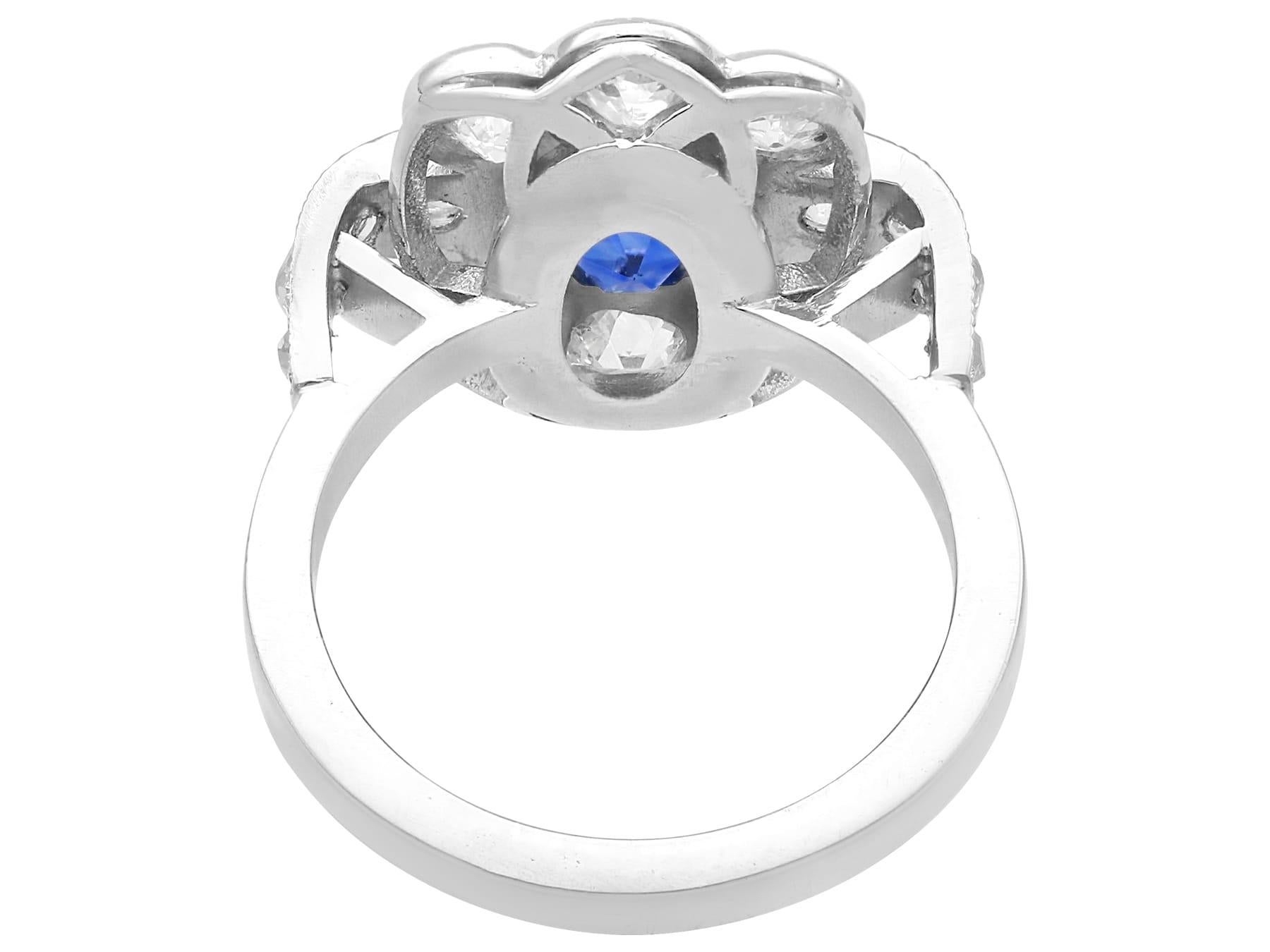 2.56ct Ceylon Sapphire and 2.66ct Diamond Platinum Cluster Ring, circa 1935 In Excellent Condition For Sale In Jesmond, Newcastle Upon Tyne