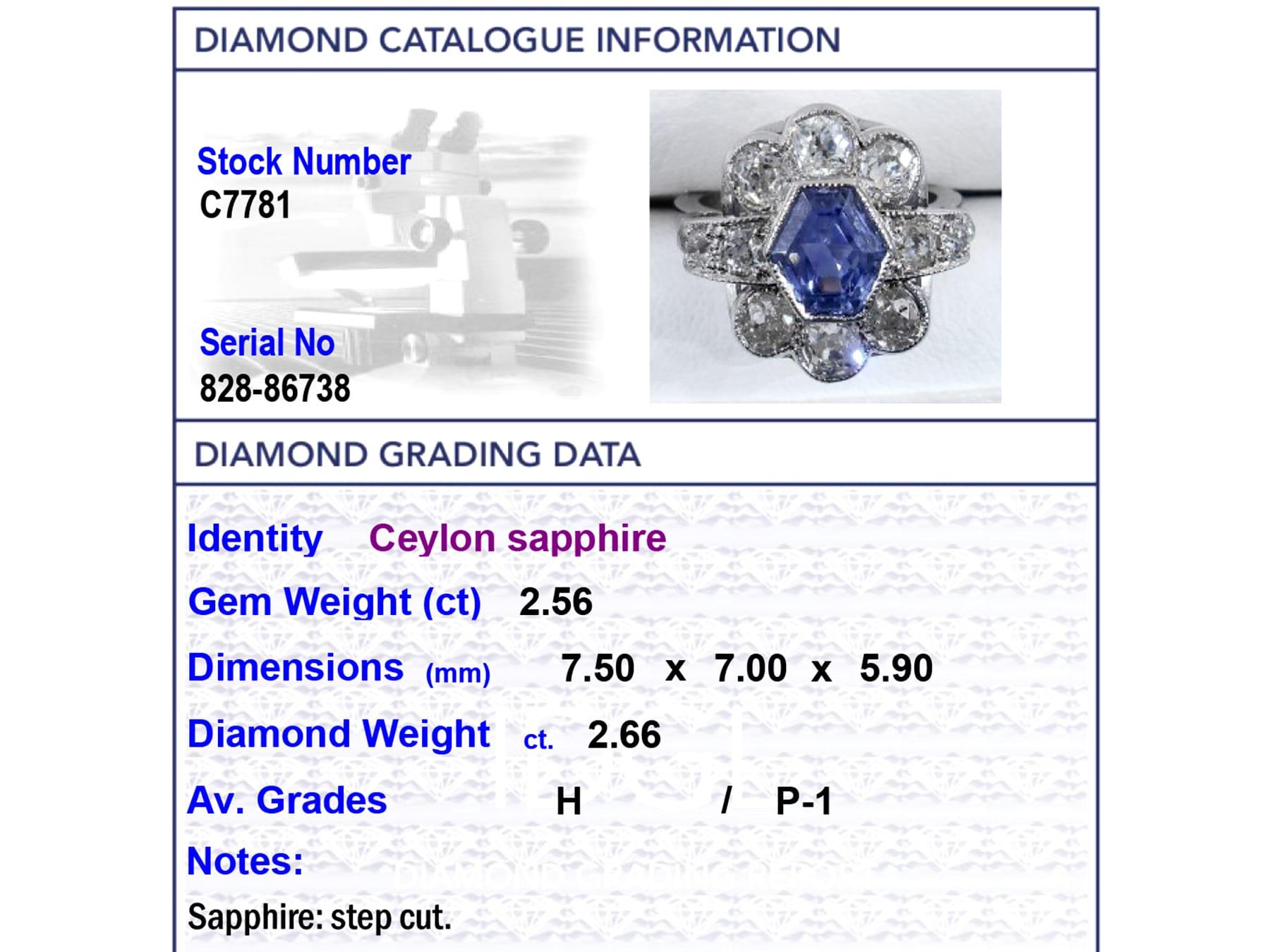 2.56ct Ceylon Sapphire and 2.66ct Diamond Platinum Cluster Ring, circa 1935 For Sale 4