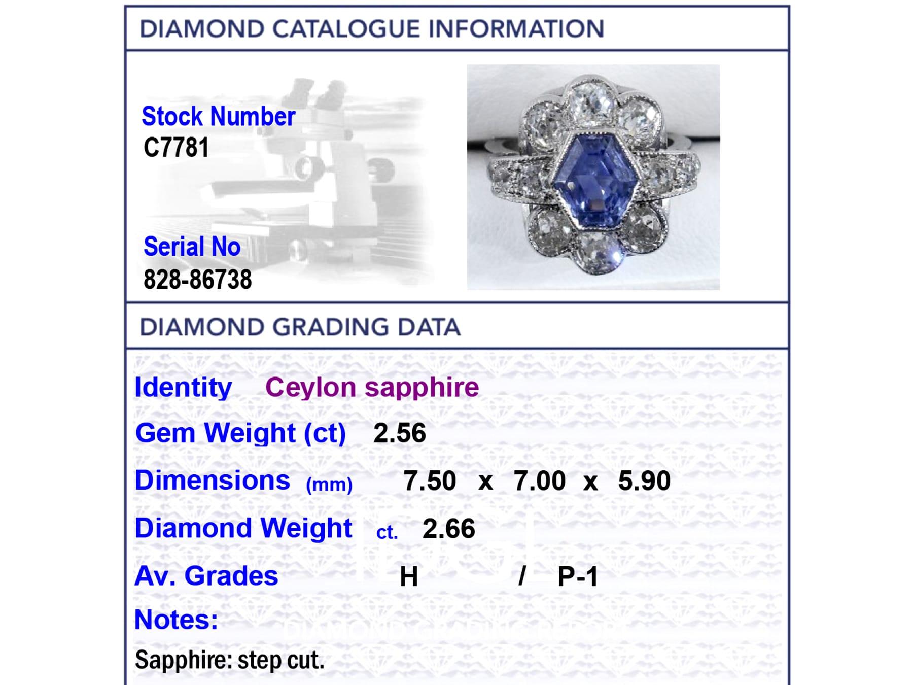 Platin-Cluster-Ring mit 2,56 Karat Ceylon-Saphir und 2,66 Karat Diamant, um 1935 im Angebot 4