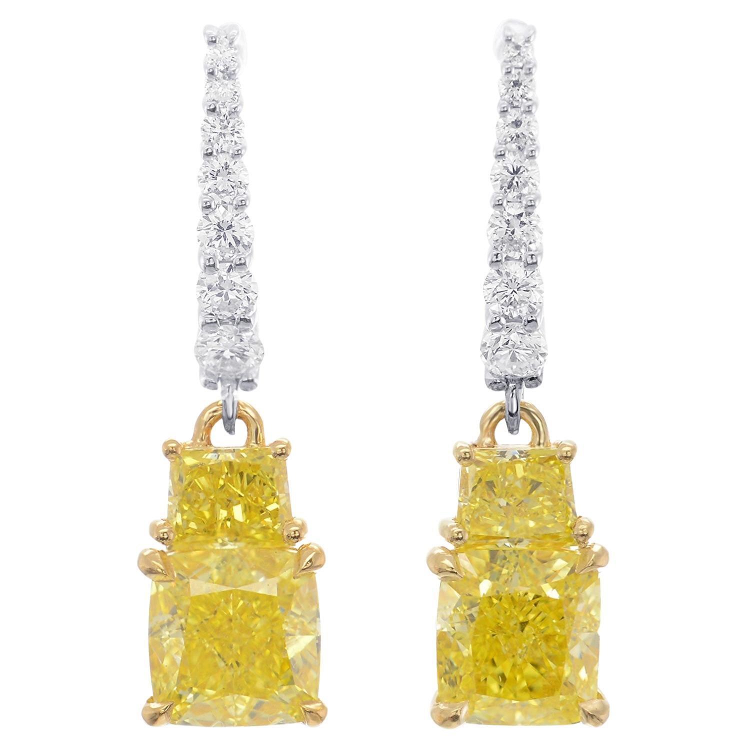 2.56ct CS Fancy Intense Yellow Cushion & Vivid Yellow Taper Diamond Drop Earring