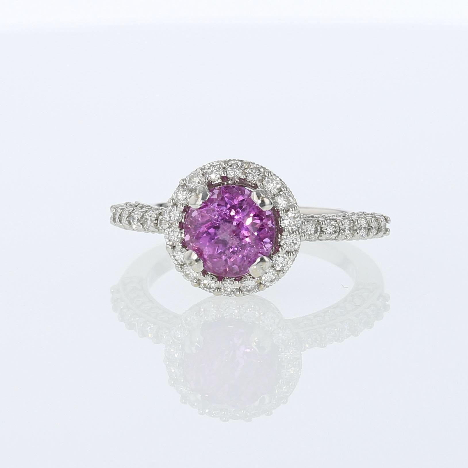 Round Cut 2.56ct Natural Pink Sapphire 14K White Gold Ring For Sale