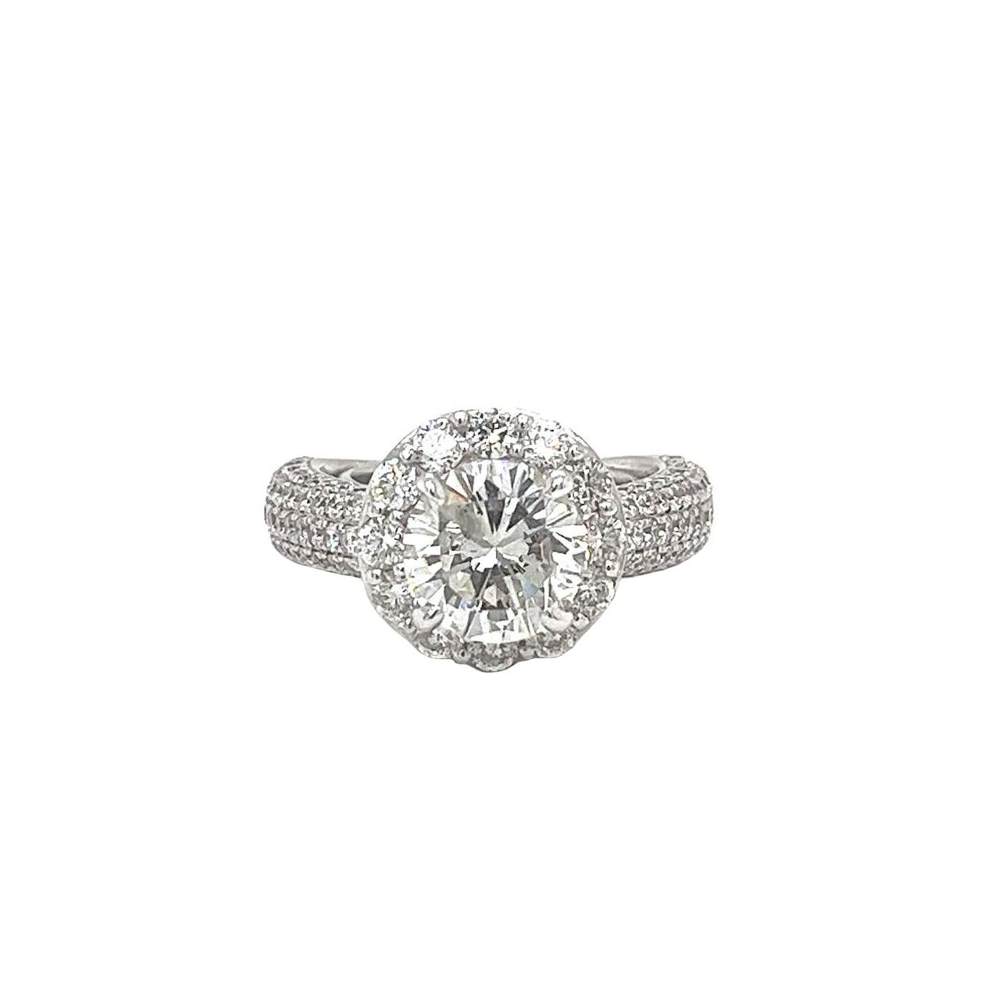 Modernist 2.56ct Natural Round Shape Diamond Ring with Pave Diamonds 18K White Gold For Sale