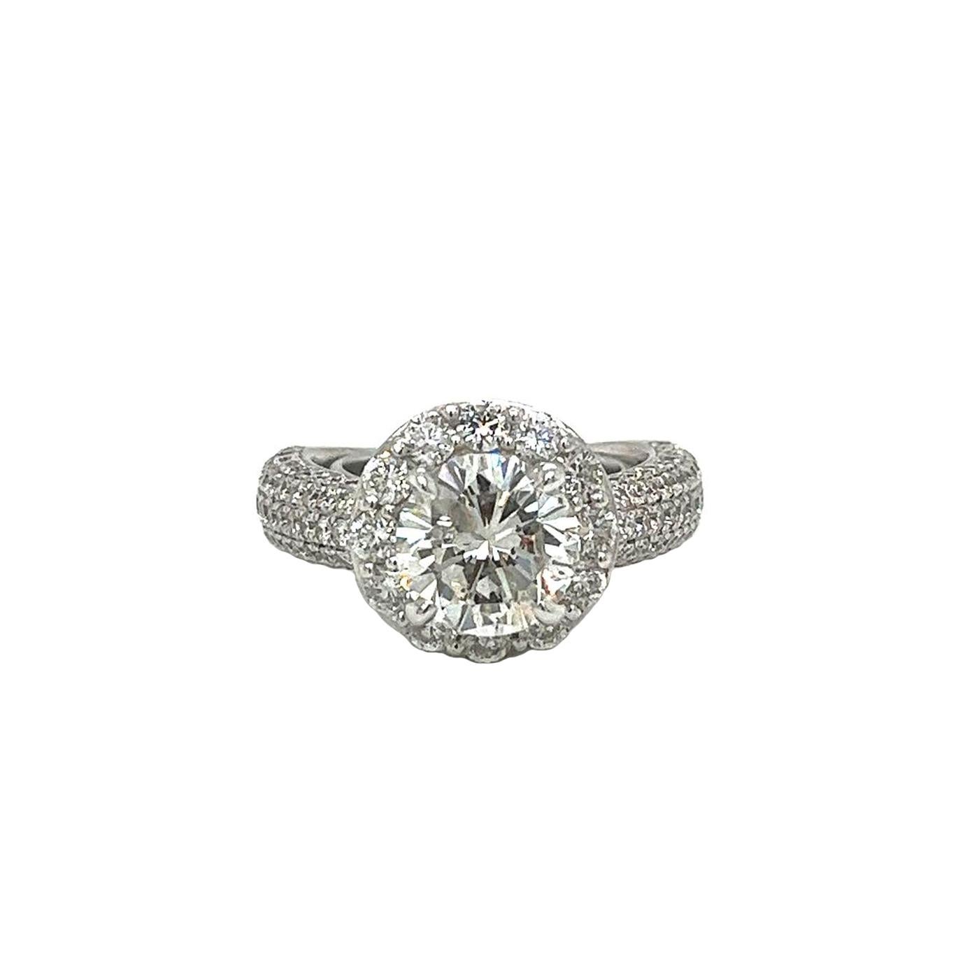 Round Cut 2.56ct Natural Round Shape Diamond Ring with Pave Diamonds 18K White Gold For Sale
