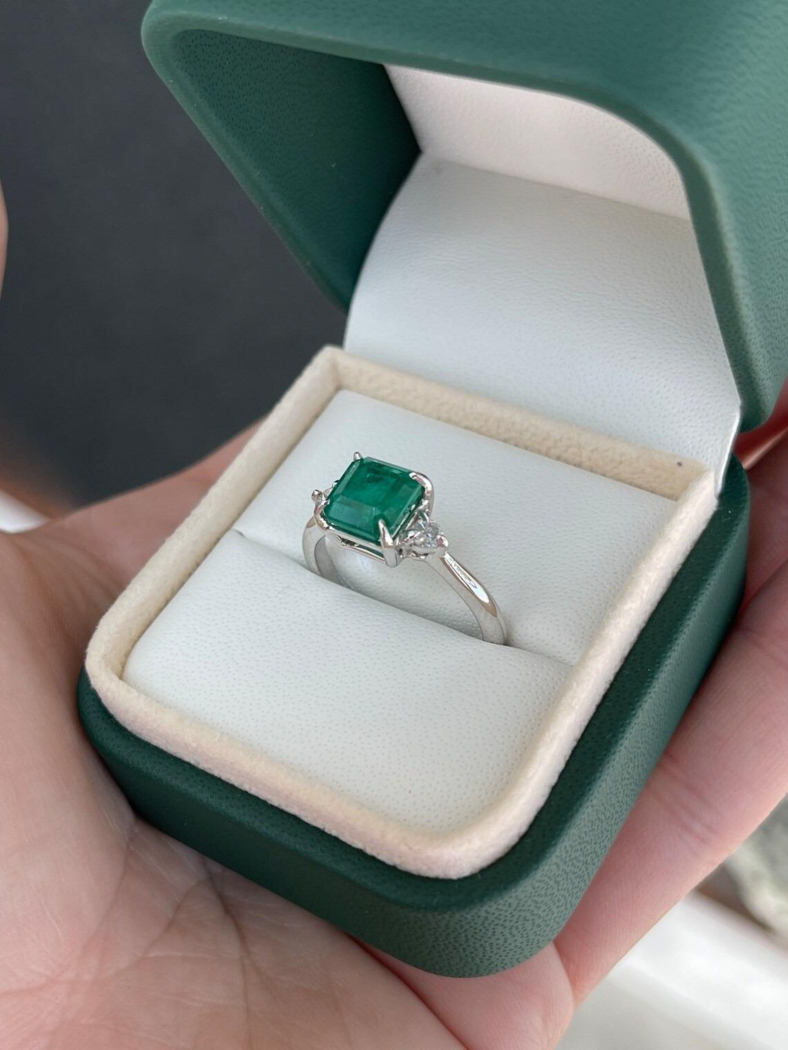 2.56tcw 14K Lush Dark Green Genuine Emerald-Asscher Cut & Diamond 3 Stone Ring In New Condition For Sale In Jupiter, FL