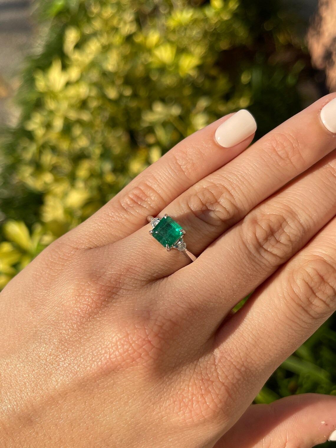2.56tcw 14K Lush Dark Green Genuine Emerald-Asscher Cut & Diamond 3 Stone Ring For Sale 1