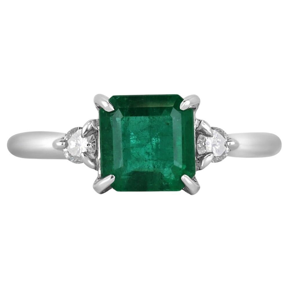 2.56tcw 14K Lush Dark Green Genuine Emerald-Asscher Cut & Diamond 3 Stone Ring (bague à 3 pierres) en vente