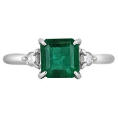 2.56tcw 14K Lush Dark Green Genuine Emerald-Asscher Cut & Diamond 3 Stone Ring (bague à 3 pierres)
