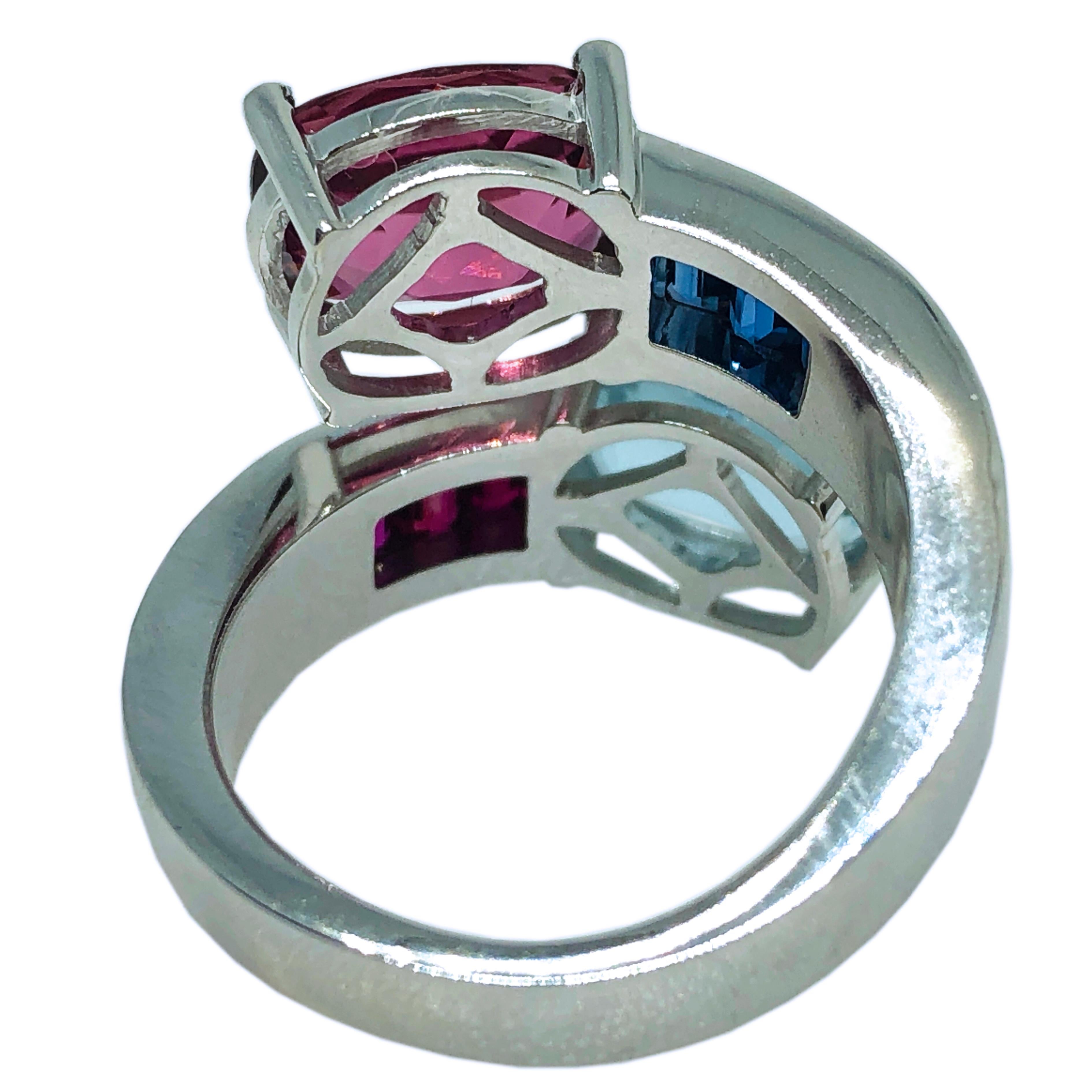 Berca 2.57 Aquamarine 2.8 Pink Tourmaline Sapphire Ruby Baguette Toi Moi Ring For Sale 1