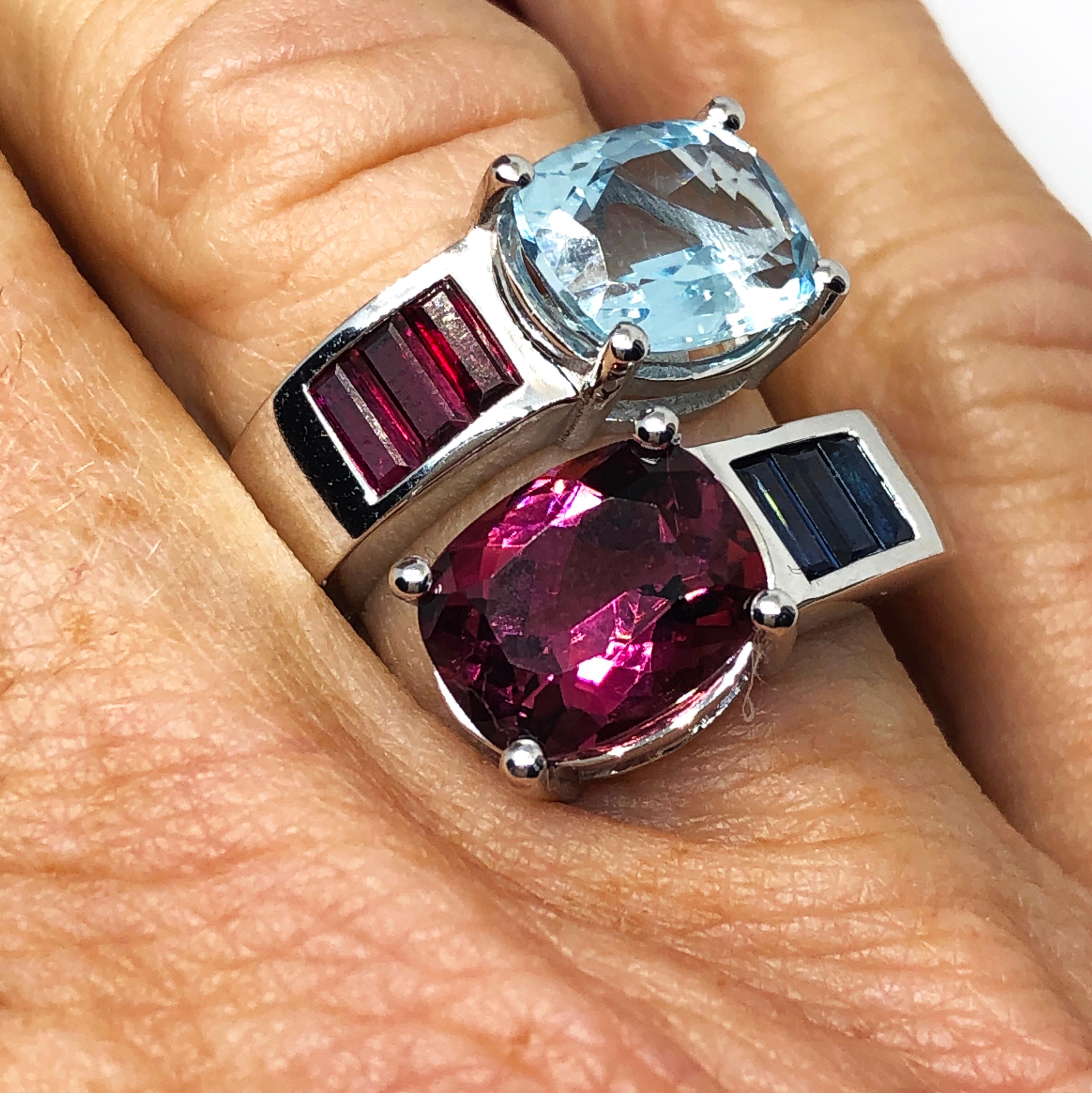 Berca 2.57 Aquamarine 2.8 Pink Tourmaline Sapphire Ruby Baguette Toi Moi Ring For Sale 2