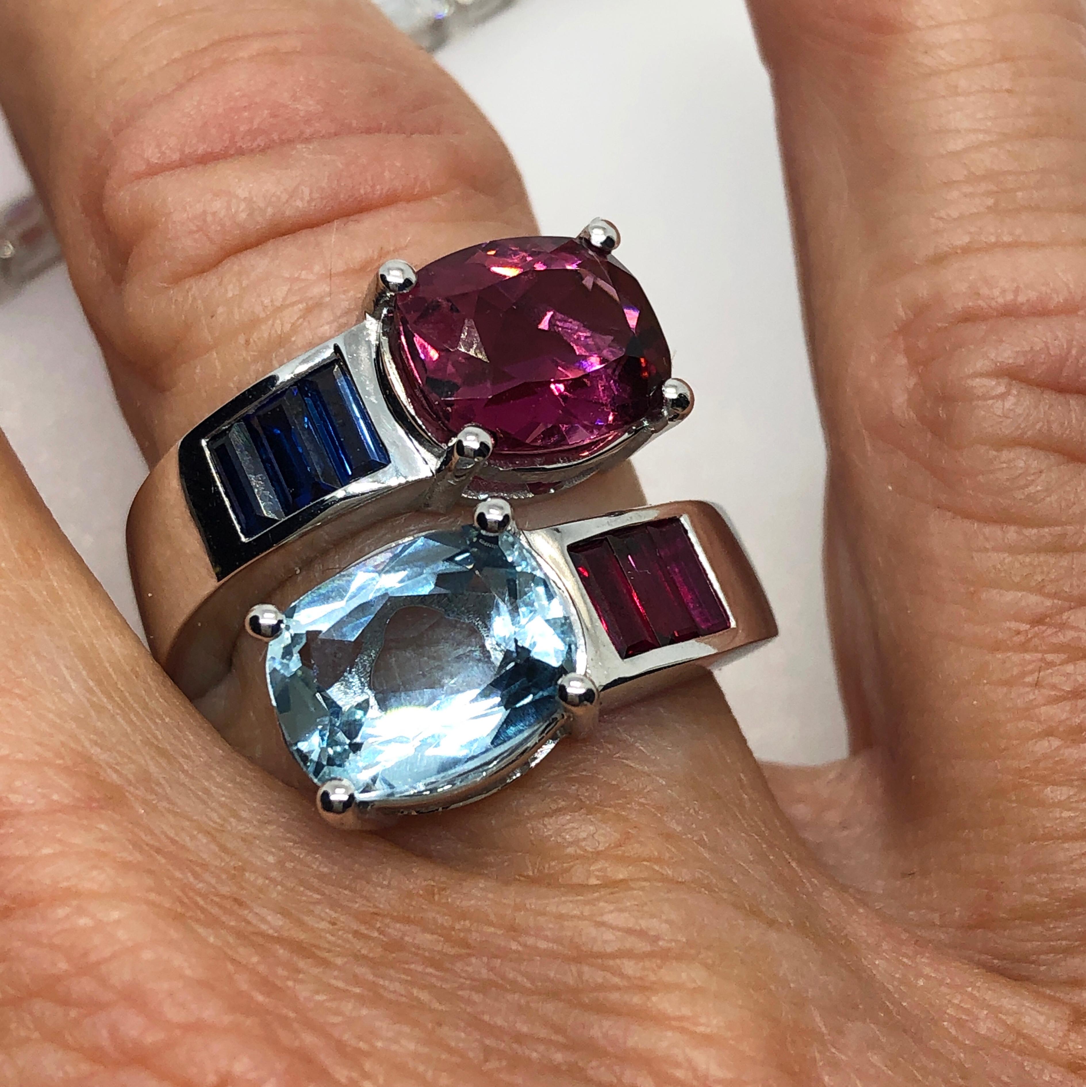 Berca 2.57 Aquamarine 2.8 Pink Tourmaline Sapphire Ruby Baguette Toi Moi Ring For Sale 3
