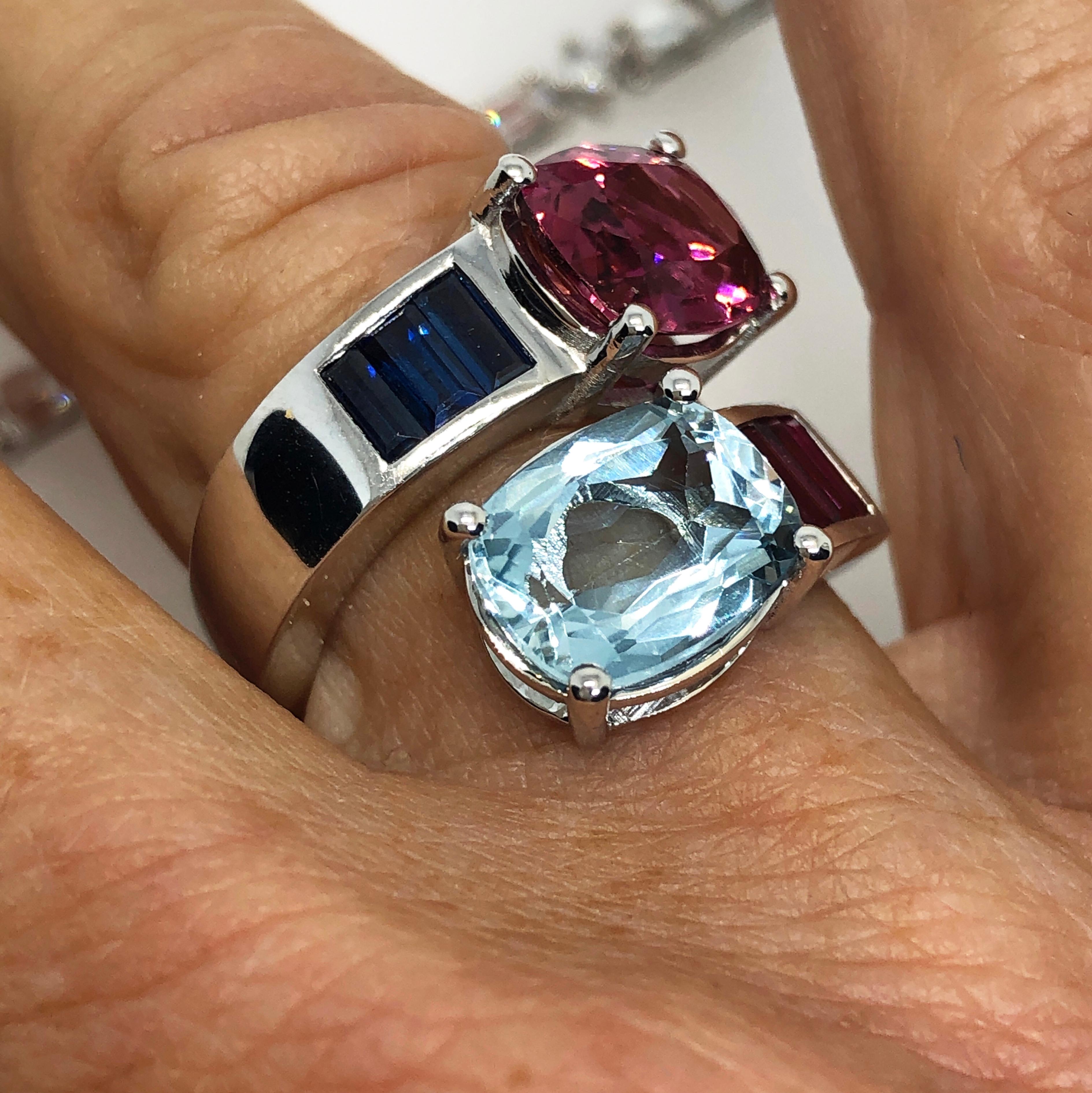 Berca 2.57 Aquamarine 2.8 Pink Tourmaline Sapphire Ruby Baguette Toi Moi Ring For Sale 4