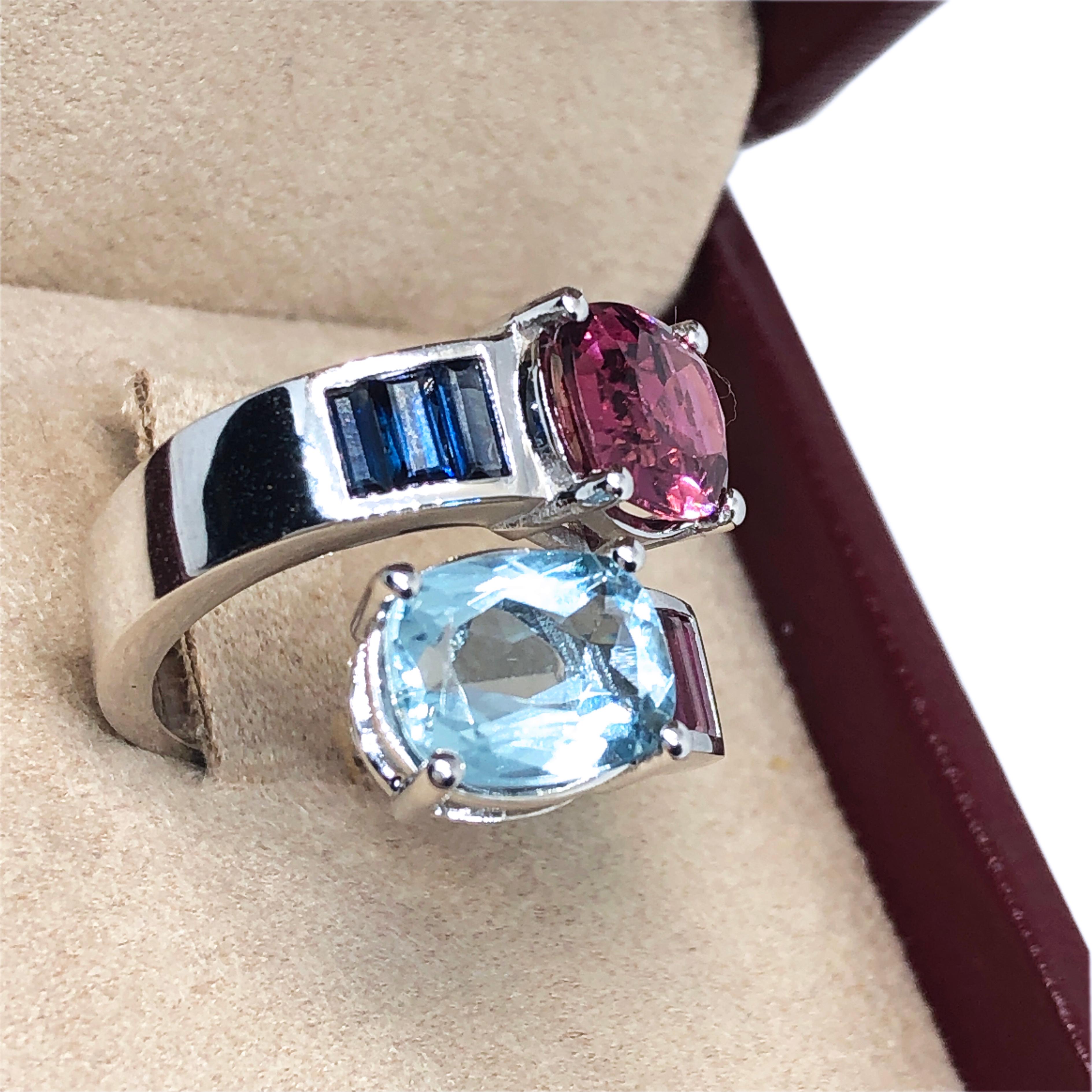 aquamarine and pink tourmaline ring