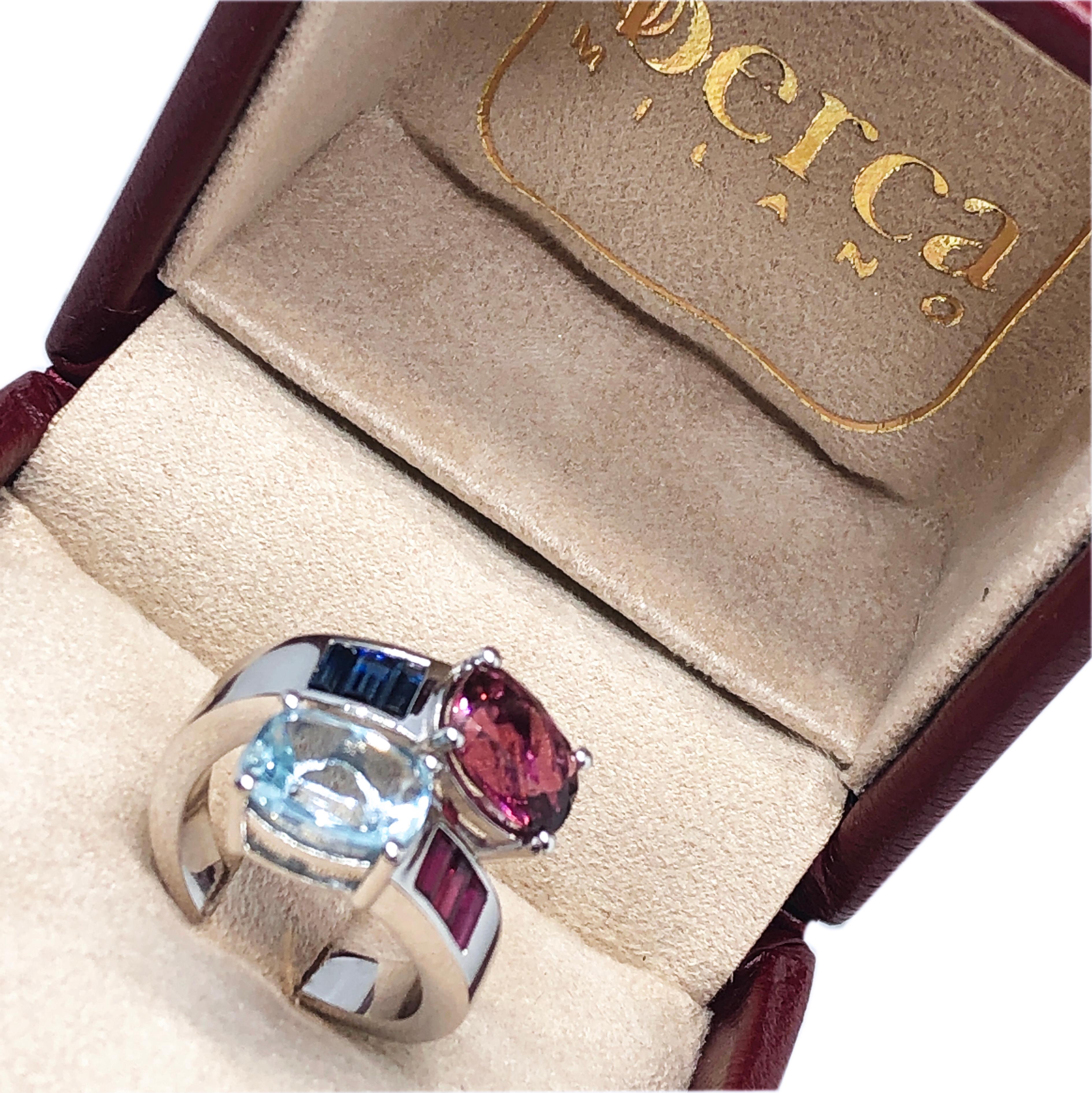 Contemporary Berca 2.57 Aquamarine 2.8 Pink Tourmaline Sapphire Ruby Baguette Toi Moi Ring For Sale