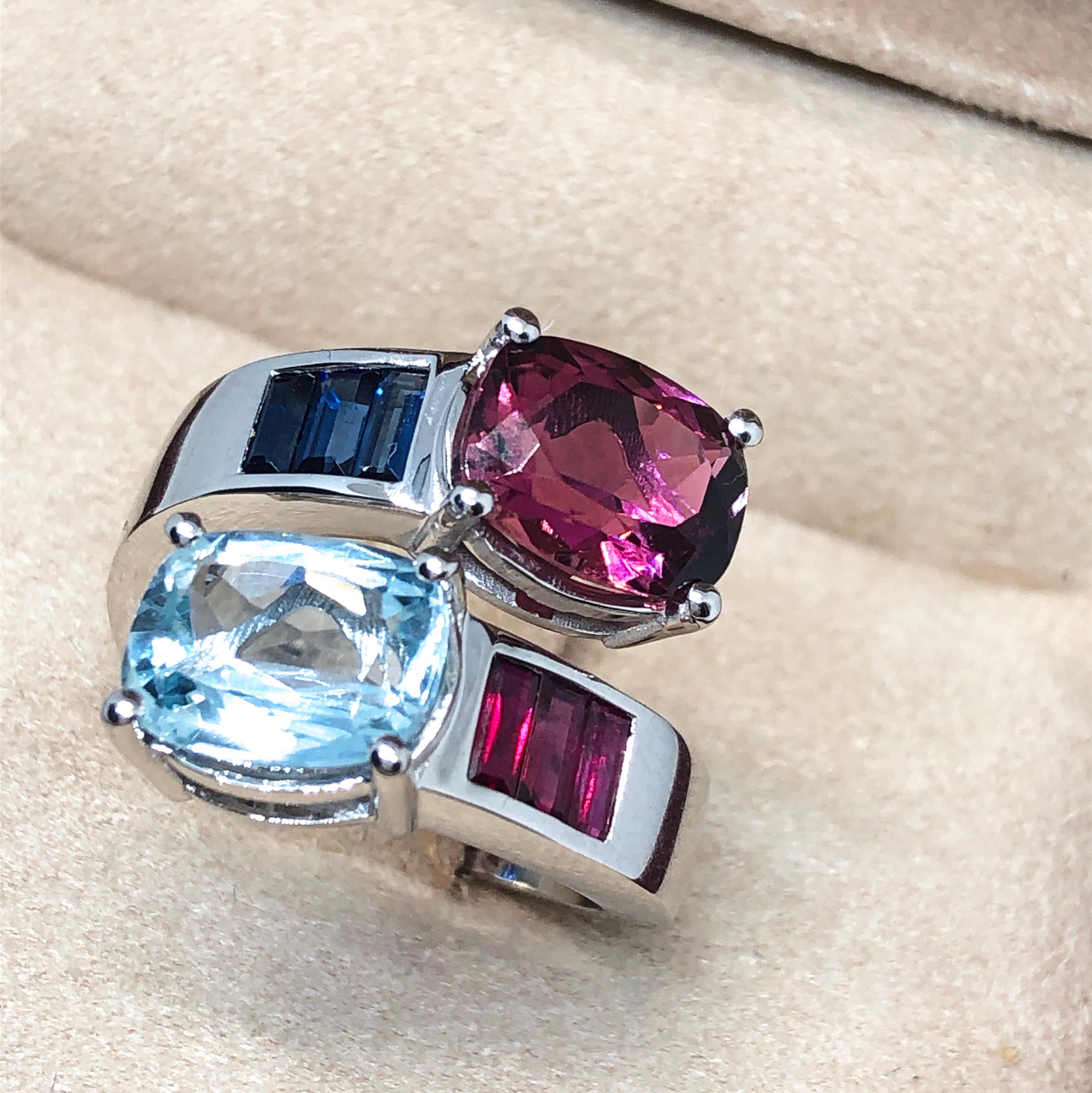 Cushion Cut Berca 2.57 Aquamarine 2.8 Pink Tourmaline Sapphire Ruby Baguette Toi Moi Ring For Sale