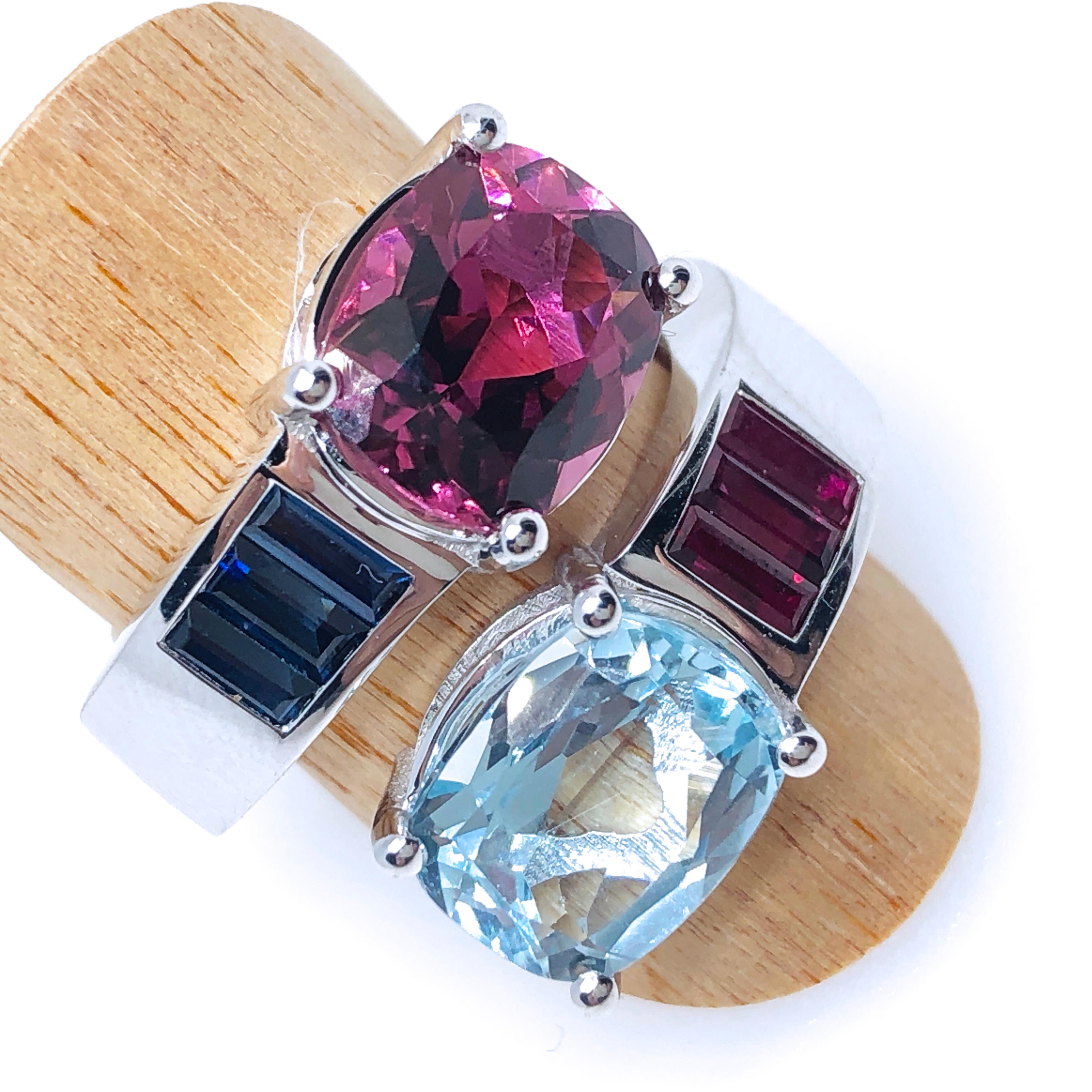 Women's Berca 2.57 Aquamarine 2.8 Pink Tourmaline Sapphire Ruby Baguette Toi Moi Ring For Sale