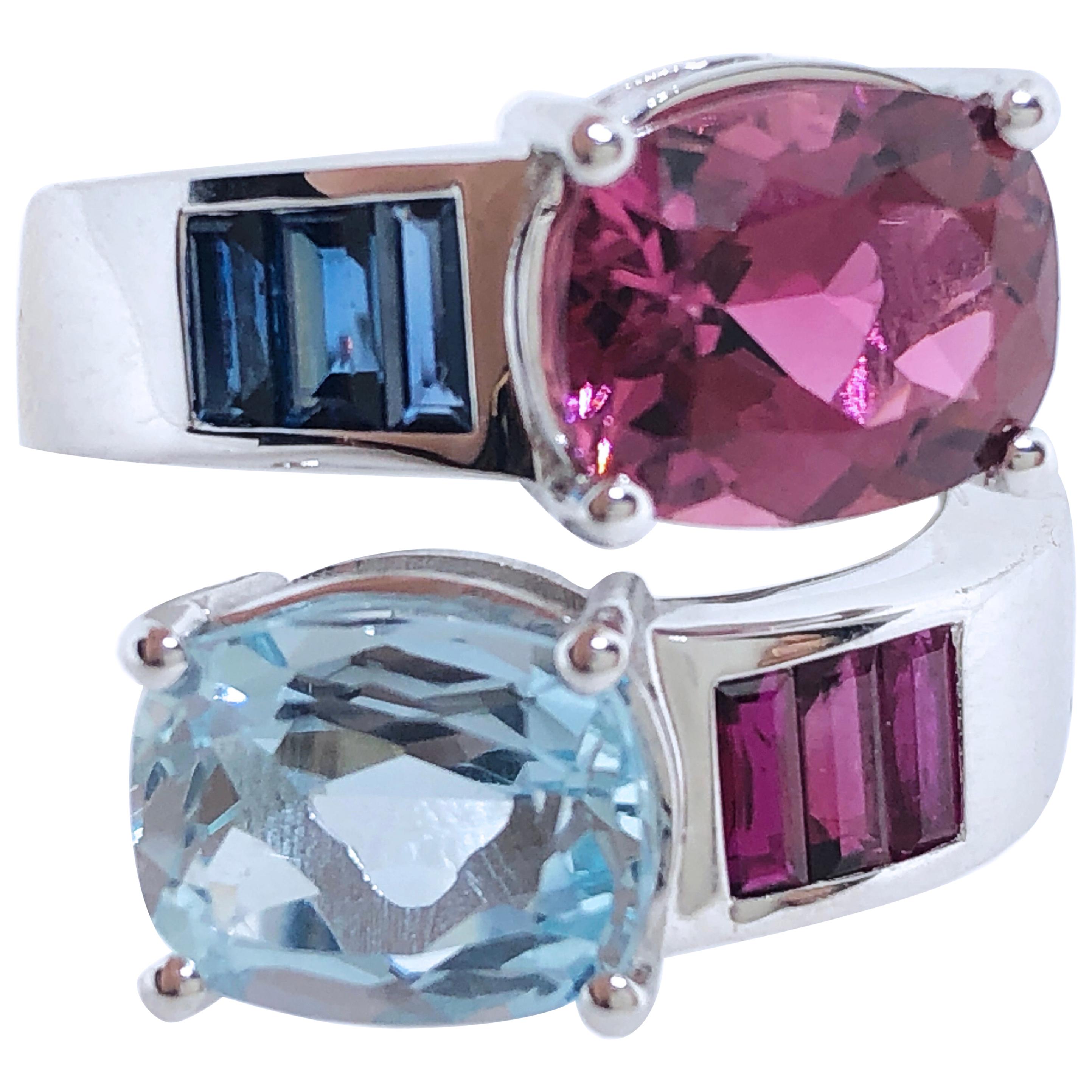 Berca 2.57 Aquamarine 2.8 Pink Tourmaline Sapphire Ruby Baguette Toi Moi Ring For Sale