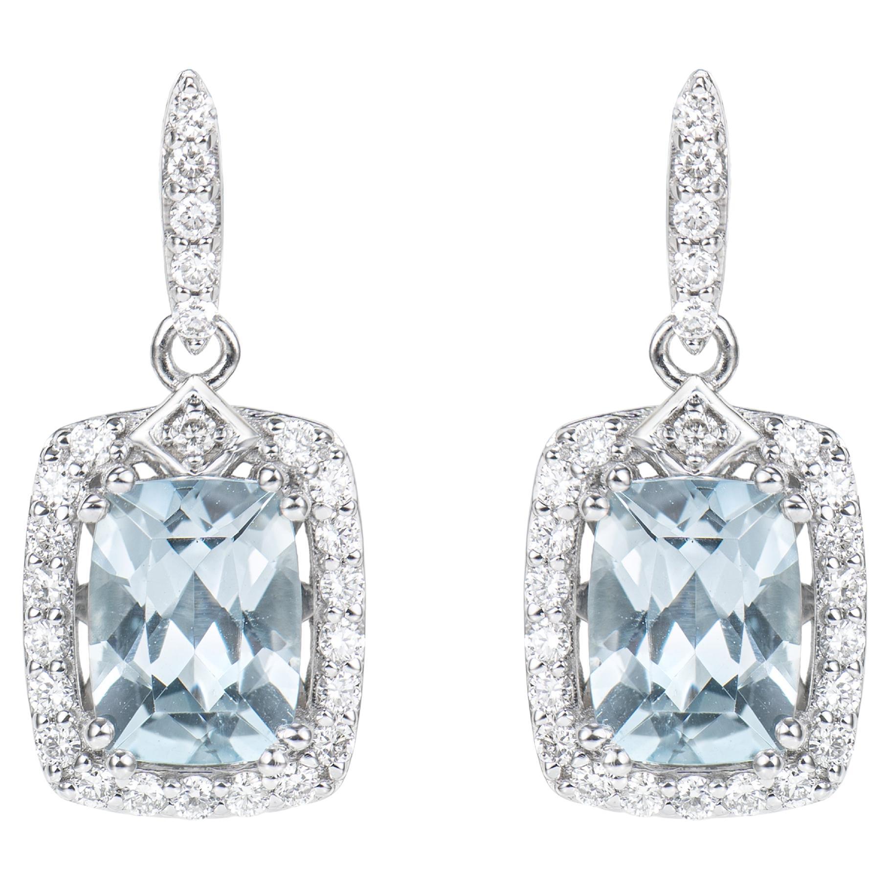 2.57 Carat Aquamarine Drop Earrings in 18 Karat White Gold with White Diamond